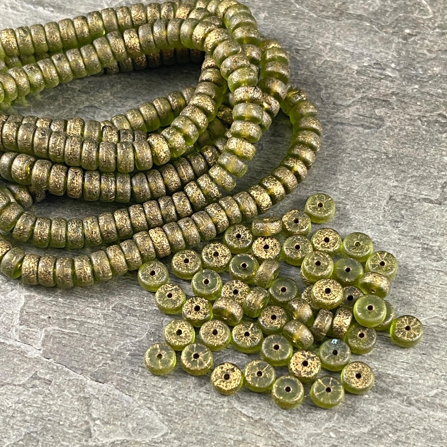 Czech Glass Beads, 6mm Heishi, Etched Peridot Green with Gold Wash (HSH/N-1935) * 50 Beads