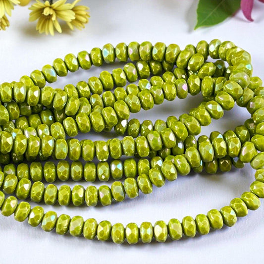 Czech Glass Beads - 4x2.5mm Faceted Rondelles, Opaque Chartreuse with AB (RON3/N-1449) * Qty. 50