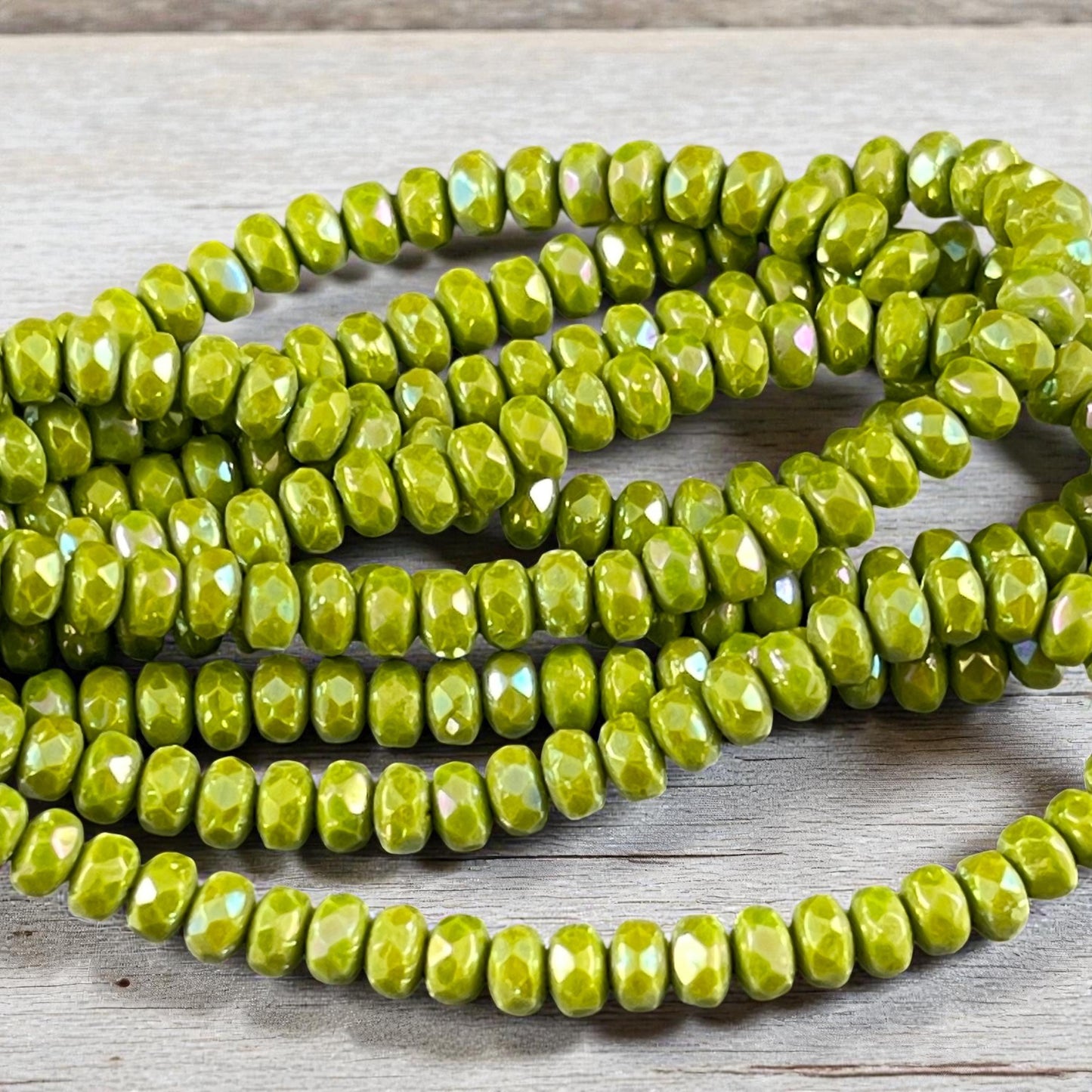Czech Glass Beads - 4x2.5mm Faceted Rondelles, Opaque Chartreuse with AB (RON3/N-1449) * Qty. 50