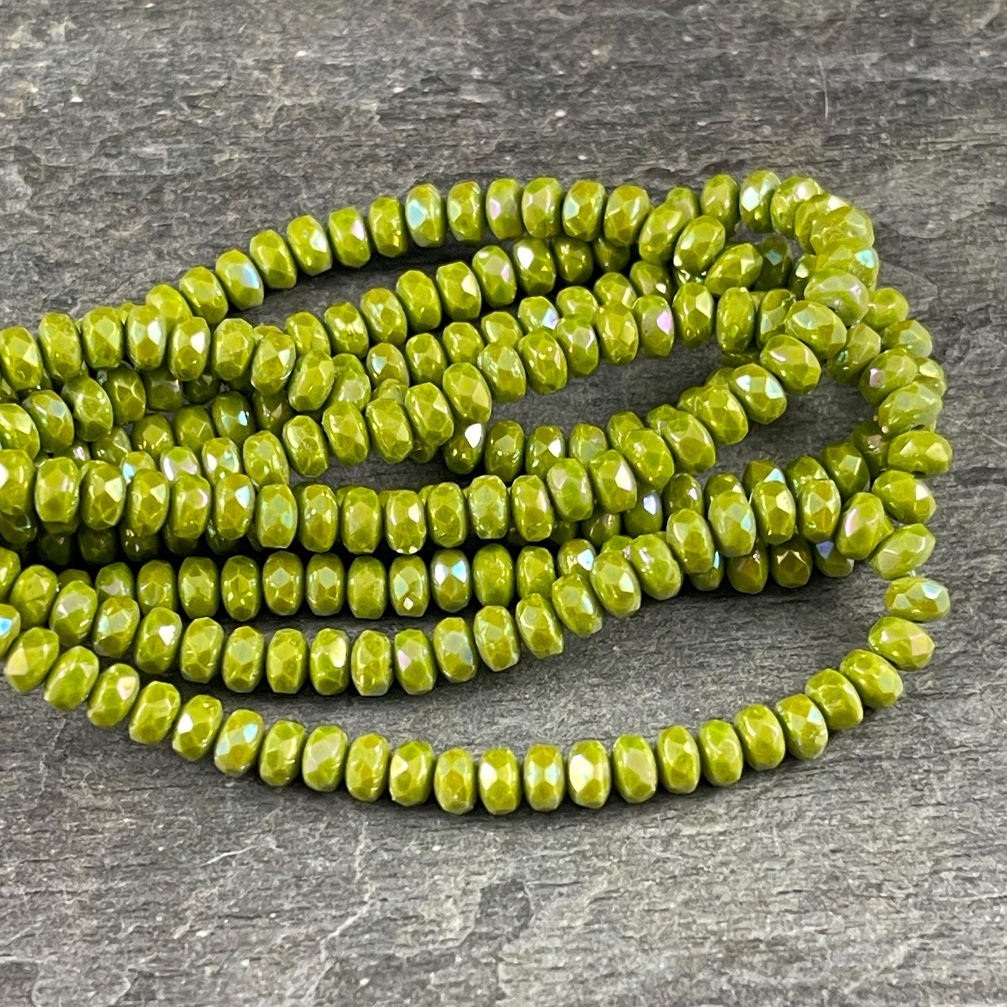 Czech Glass Beads - 4x2.5mm Faceted Rondelles, Opaque Chartreuse with AB (RON3/N-1449) * Qty. 50