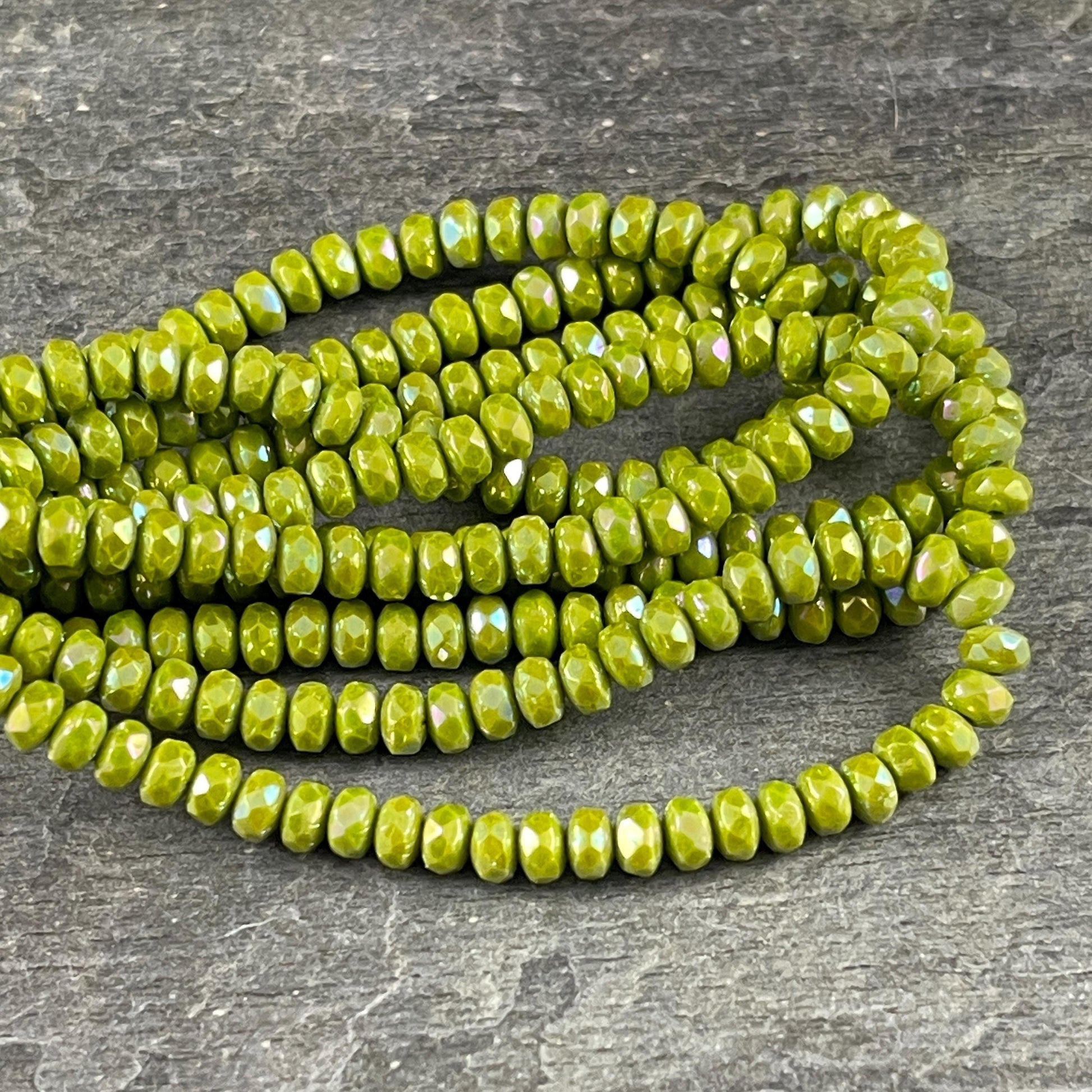 Czech Glass Beads - 4x2.5mm Faceted Rondelles, Opaque Chartreuse with AB (RON3/N-1449) * Qty. 50