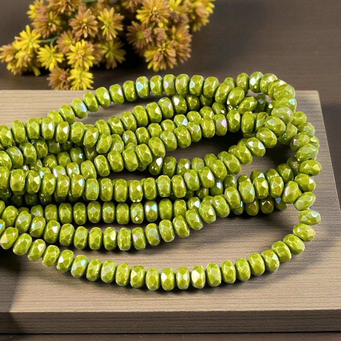 Czech Glass Beads - 4x2.5mm Faceted Rondelles, Opaque Chartreuse with AB (RON3/N-1449) * Qty. 50