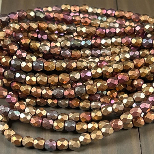 Czech Glass Beads - 4mm Faceted Round, Metallic Mix, Gold, Green, Copper (FP4/N-107) * Qty. 50