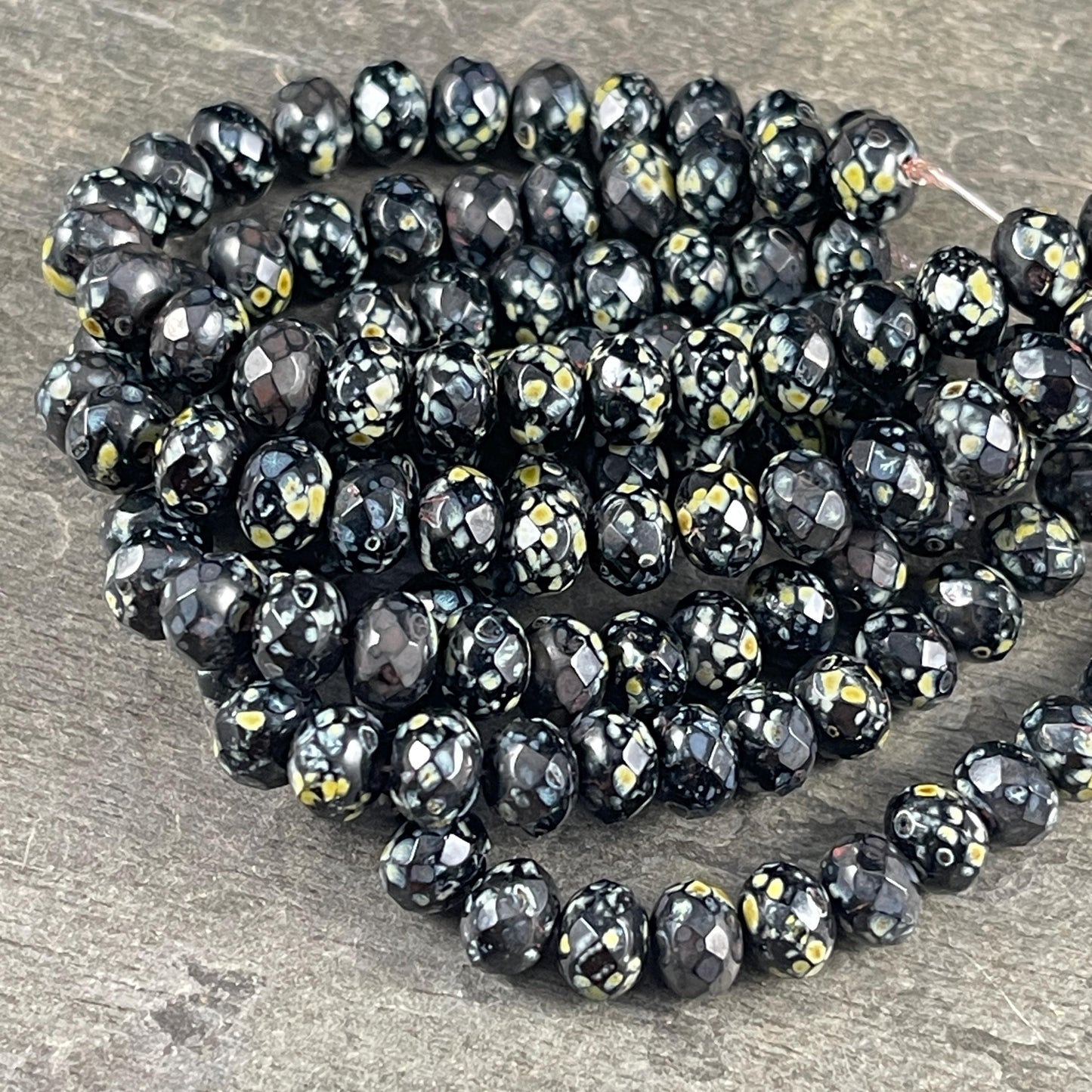 Czech Glass - 7x5mm Faceted Rondelle, Black Picasso (R7/N-1409) * Qty. 25