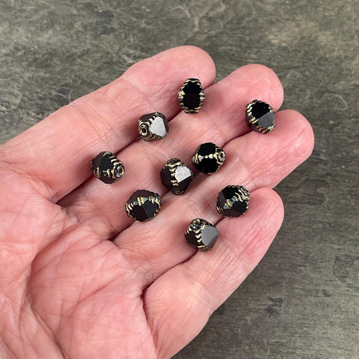 Czech Glass - 10x8mm Faceted Black and Gold Bicone Beads (BIF/N-1463) * Qty. 15