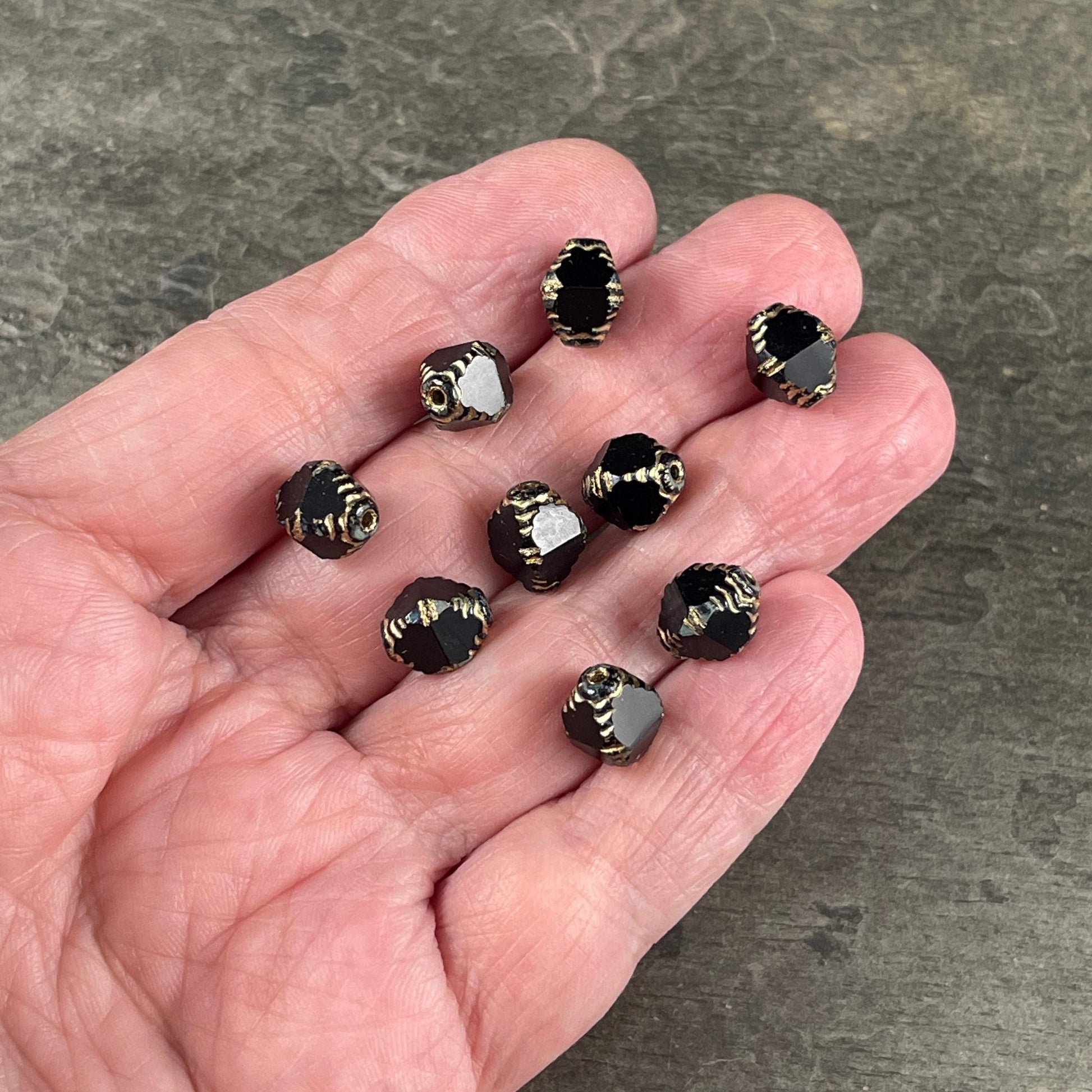 Czech Glass - 10x8mm Faceted Black and Gold Bicone Beads (BIF/N-1463) * Qty. 15