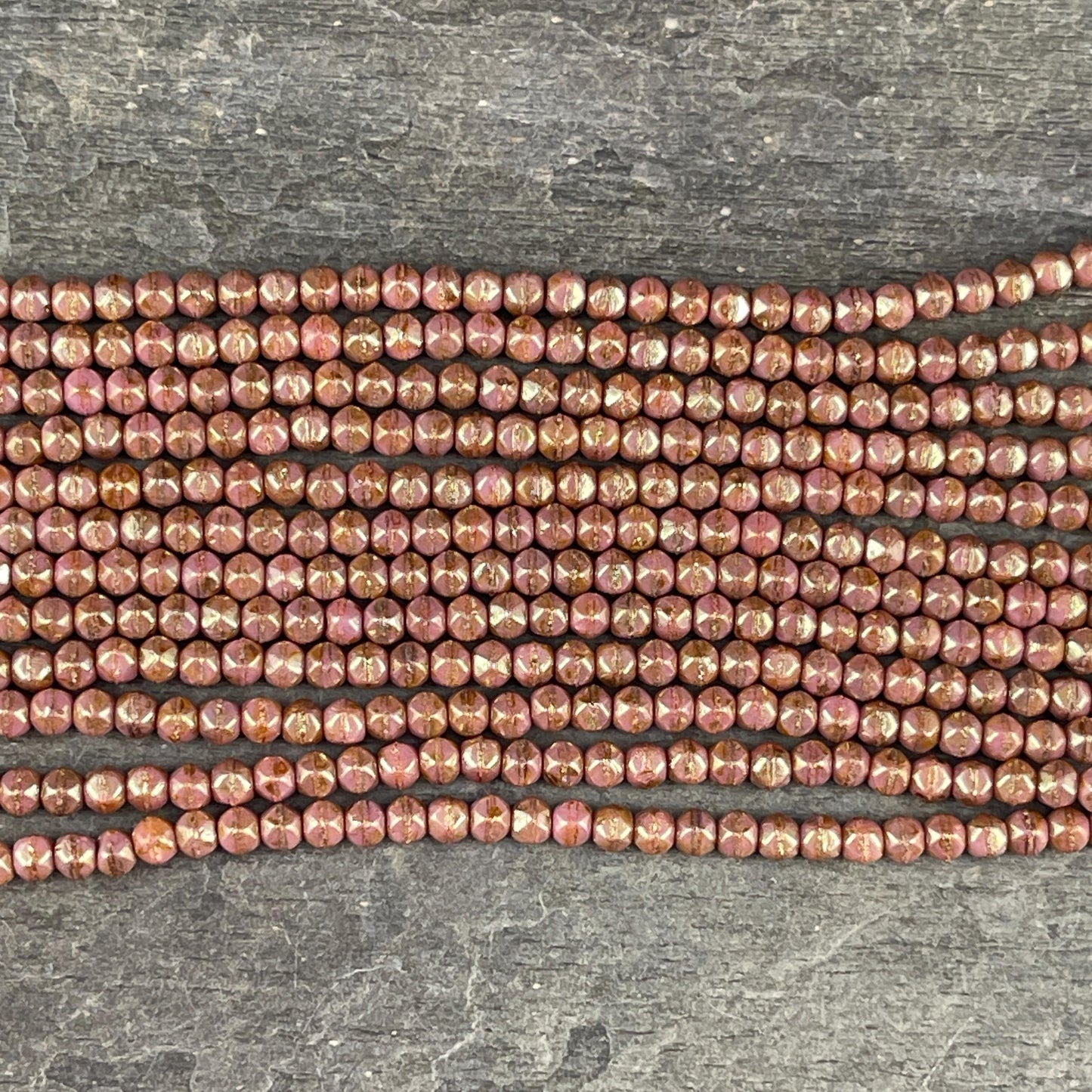 Czech Beads - 3mm English Cut Faceted Cube, Rose Gold Luster Picasso Beads (EC/SM-P65491) * Qty. 50