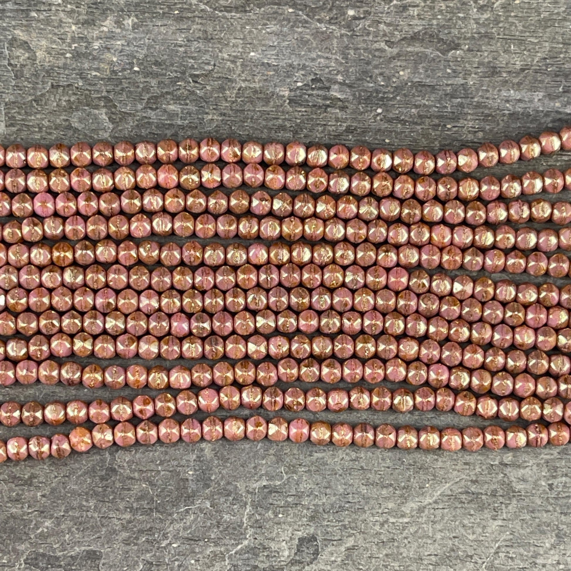 Czech Beads - 3mm English Cut Faceted Cube, Rose Gold Luster Picasso Beads (EC/SM-P65491) * Qty. 50