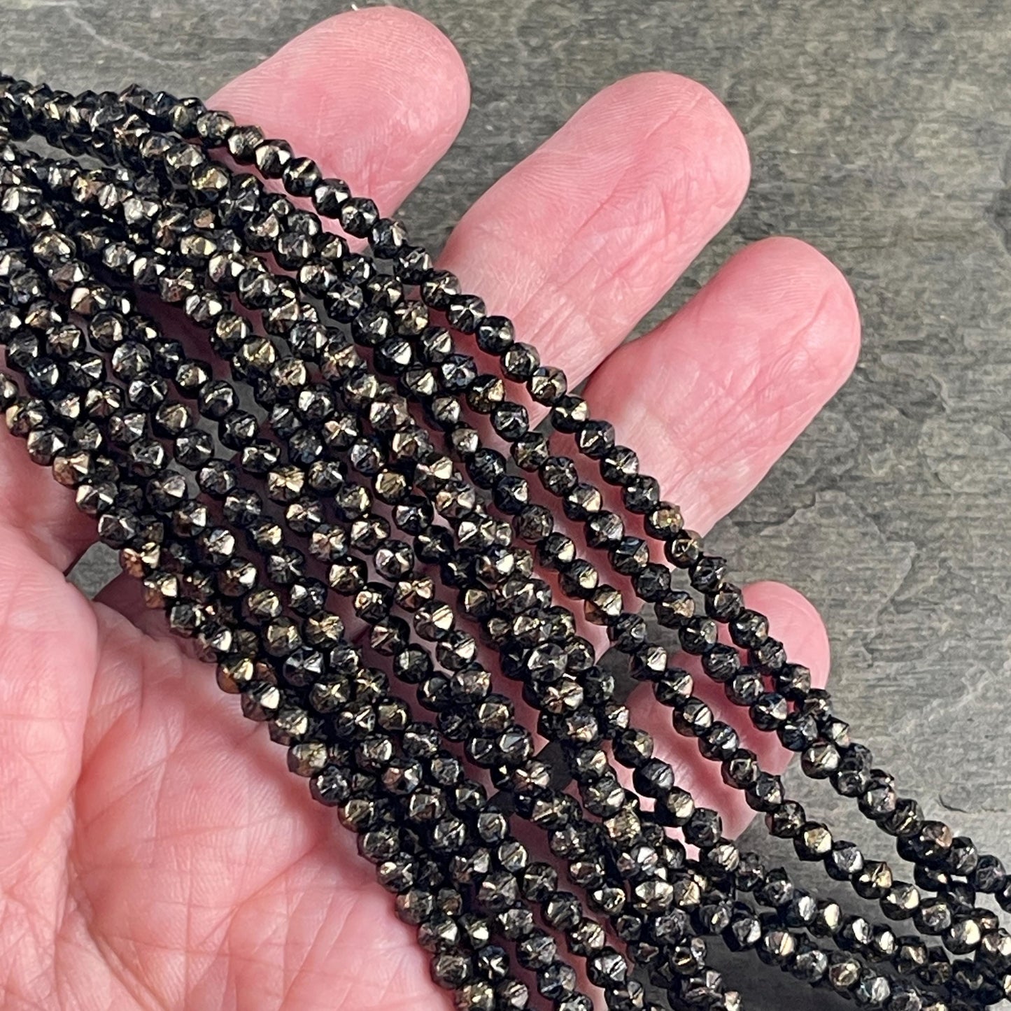Czech Beads - 3mm English Cut Faceted Cube, Black with Bronze Picasso (EC/SM-BT2398) * Qty. 50