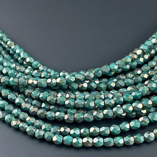 Czech Beads - 4mm Faceted Round Turquoise with Copper Picasso (FP4/SM-CT6315) * Qty. 50