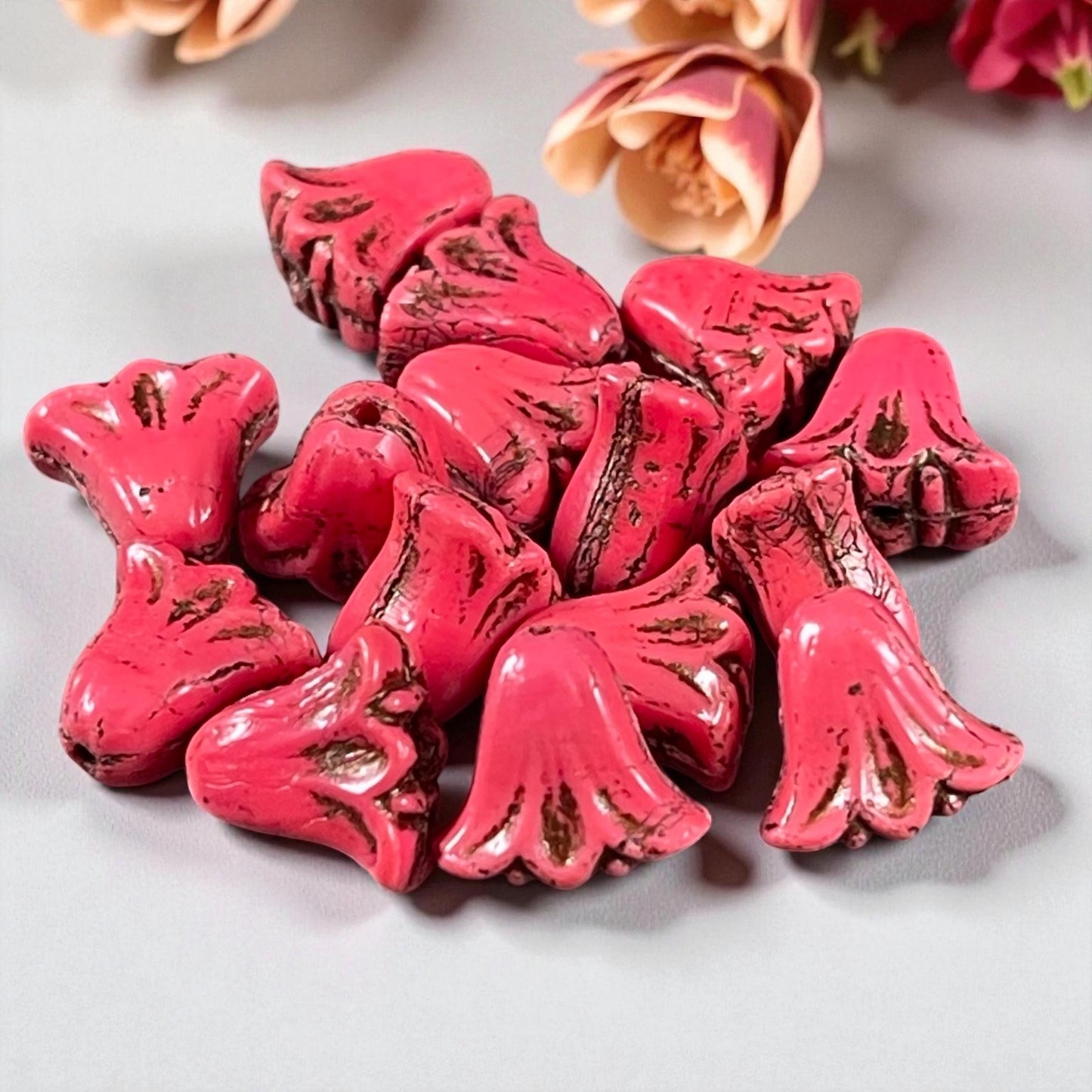 Czech Beads, 10mm Lily Flower, Coral Red with Dark Bronze Wash (Lily/RJ-5487) * Qty. 15
