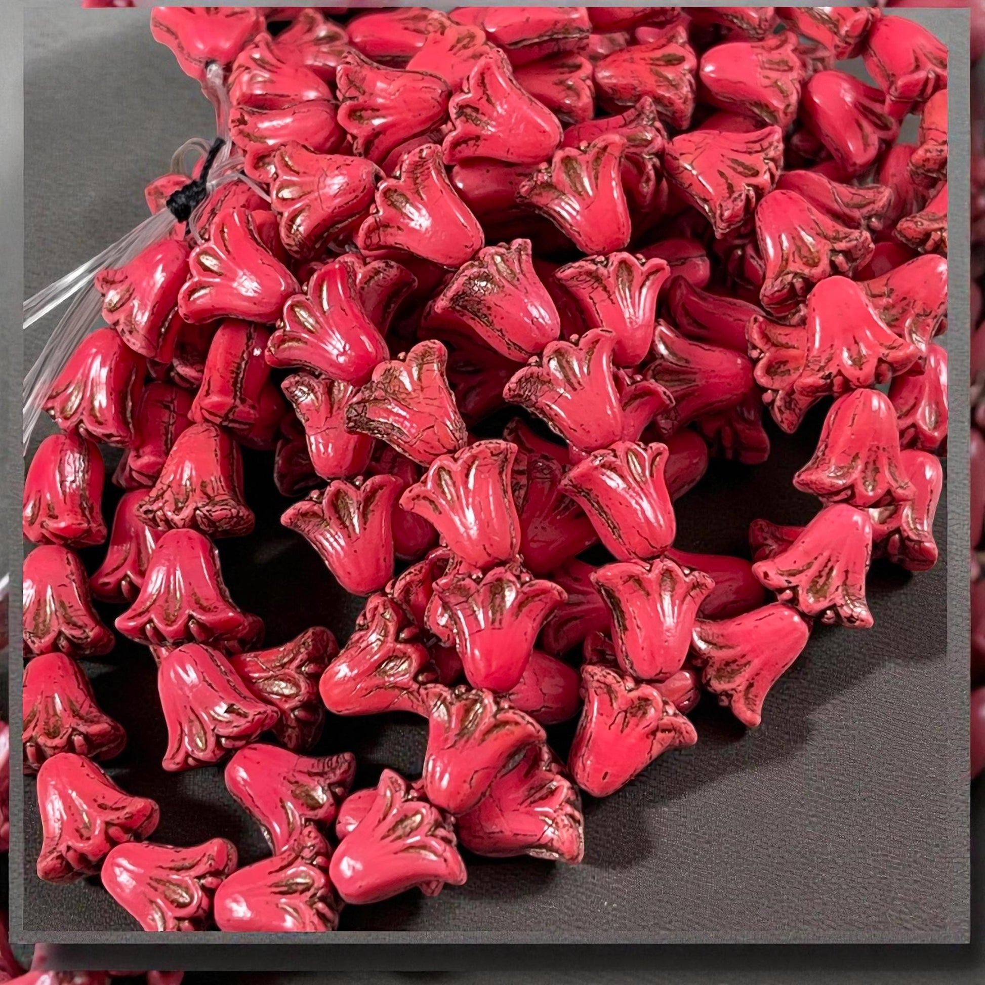 Czech Beads, 10mm Lily Flower, Coral Red with Dark Bronze Wash (Lily/RJ-5487) * Qty. 15