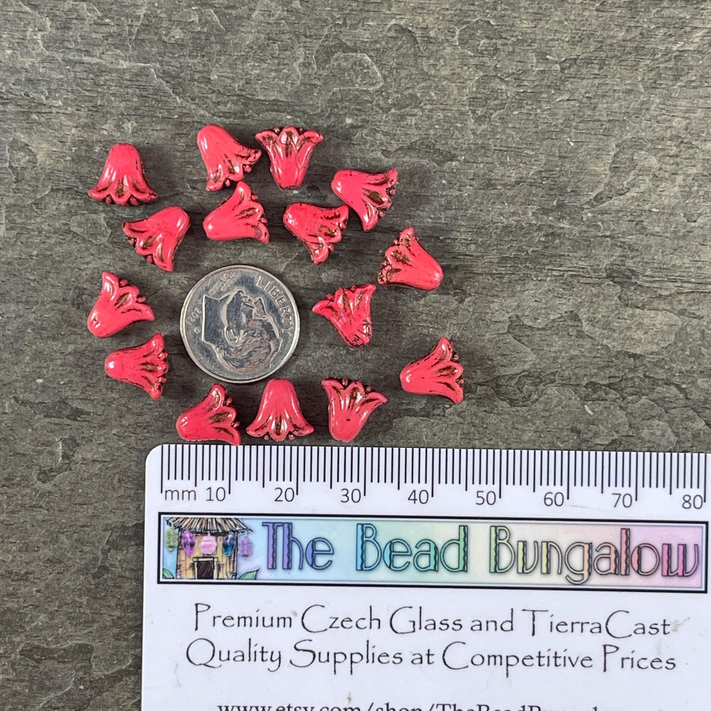 Czech Beads, 10mm Lily Flower, Coral Red with Dark Bronze Wash (Lily/RJ-5487) * Qty. 15