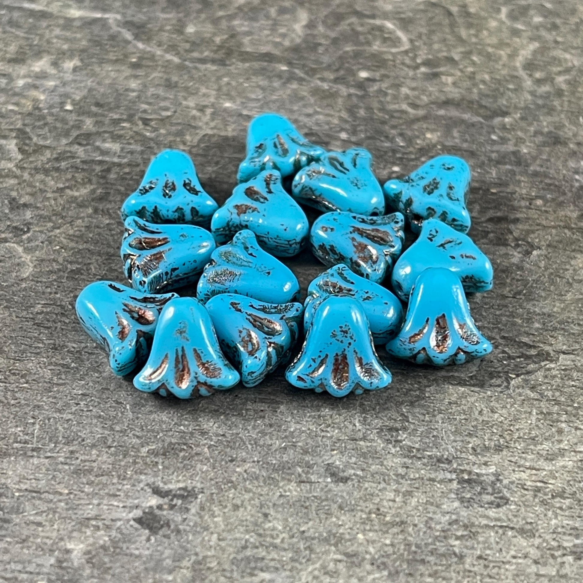 Czech Beads, 10mm Lily Flower, Sky Blue with Bronze Wash (Lily/RJ-5488) * Qty. 15