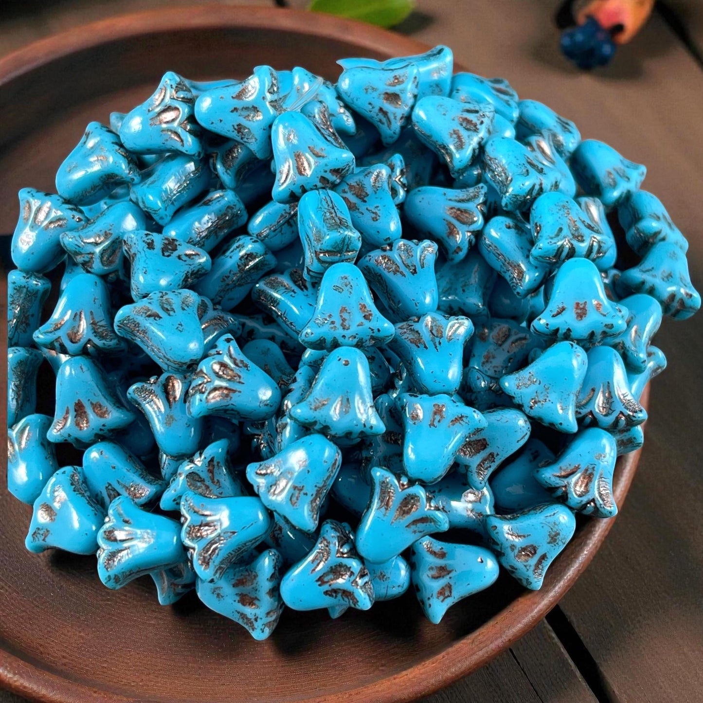 Czech Beads, 10mm Lily Flower, Sky Blue with Bronze Wash (Lily/RJ-5488) * Qty. 15