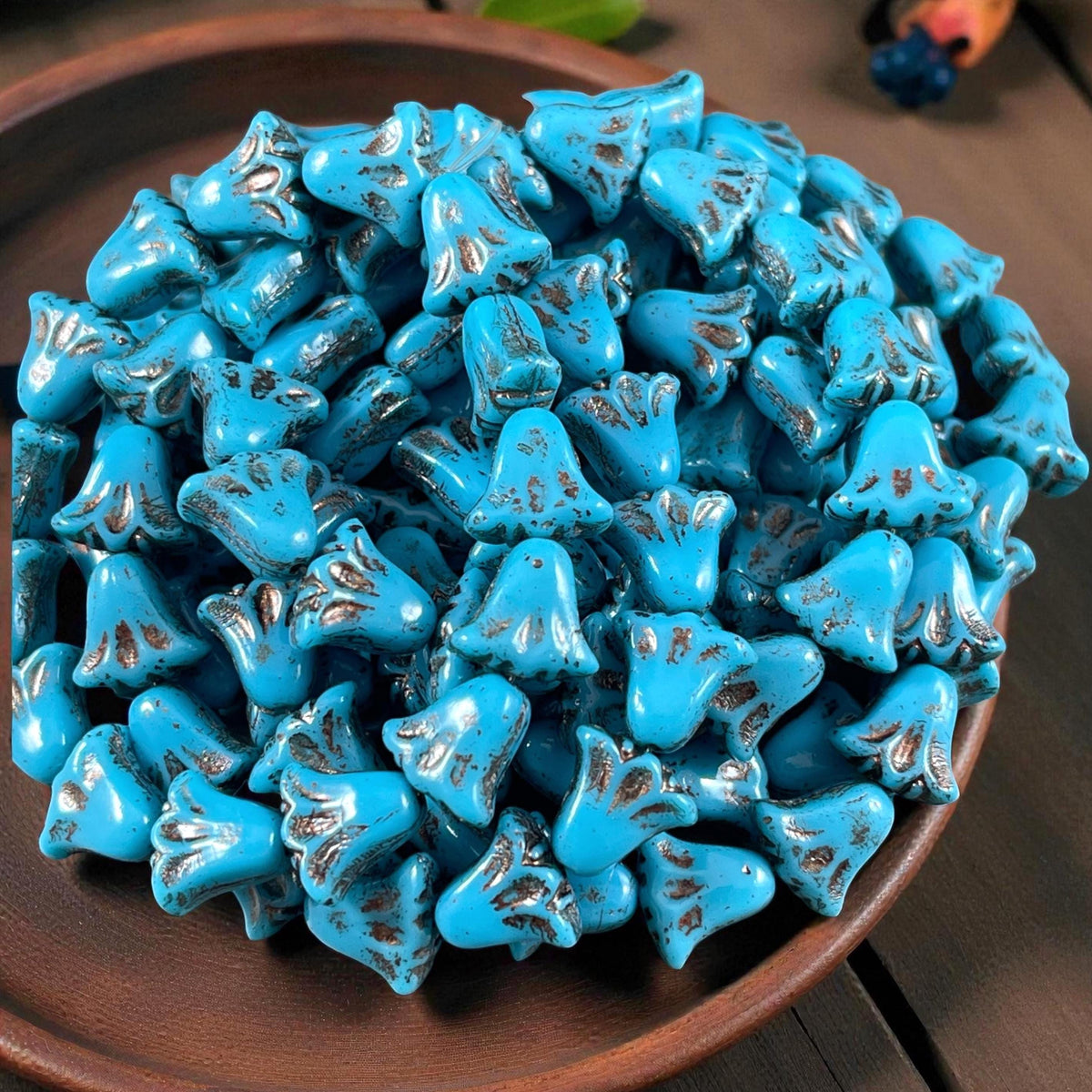 Czech Beads, 10mm Lily Flower, Sky Blue with Bronze Wash (Lily/RJ-5488) * Qty. 15