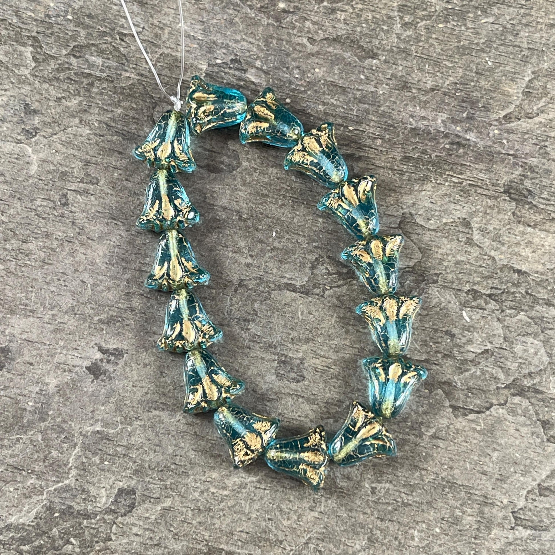 Czech Glass Beads, 10mm Lily Flower, Transparent Aqua with Gold Wash (Lily/RJ-5490) * Qty. 15