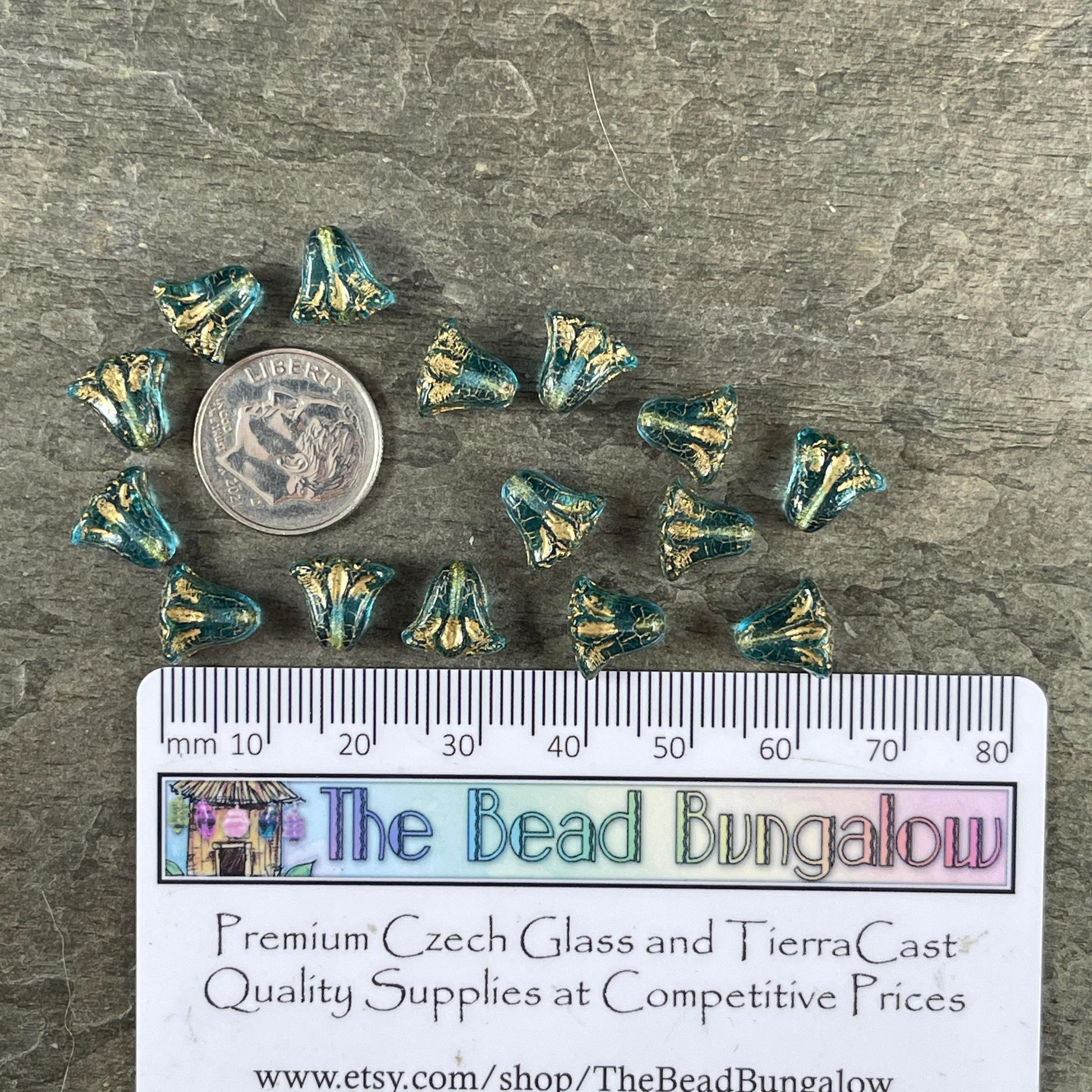 Czech Glass Beads, 10mm Lily Flower, Transparent Aqua with Gold Wash (Lily/RJ-5490) * Qty. 15