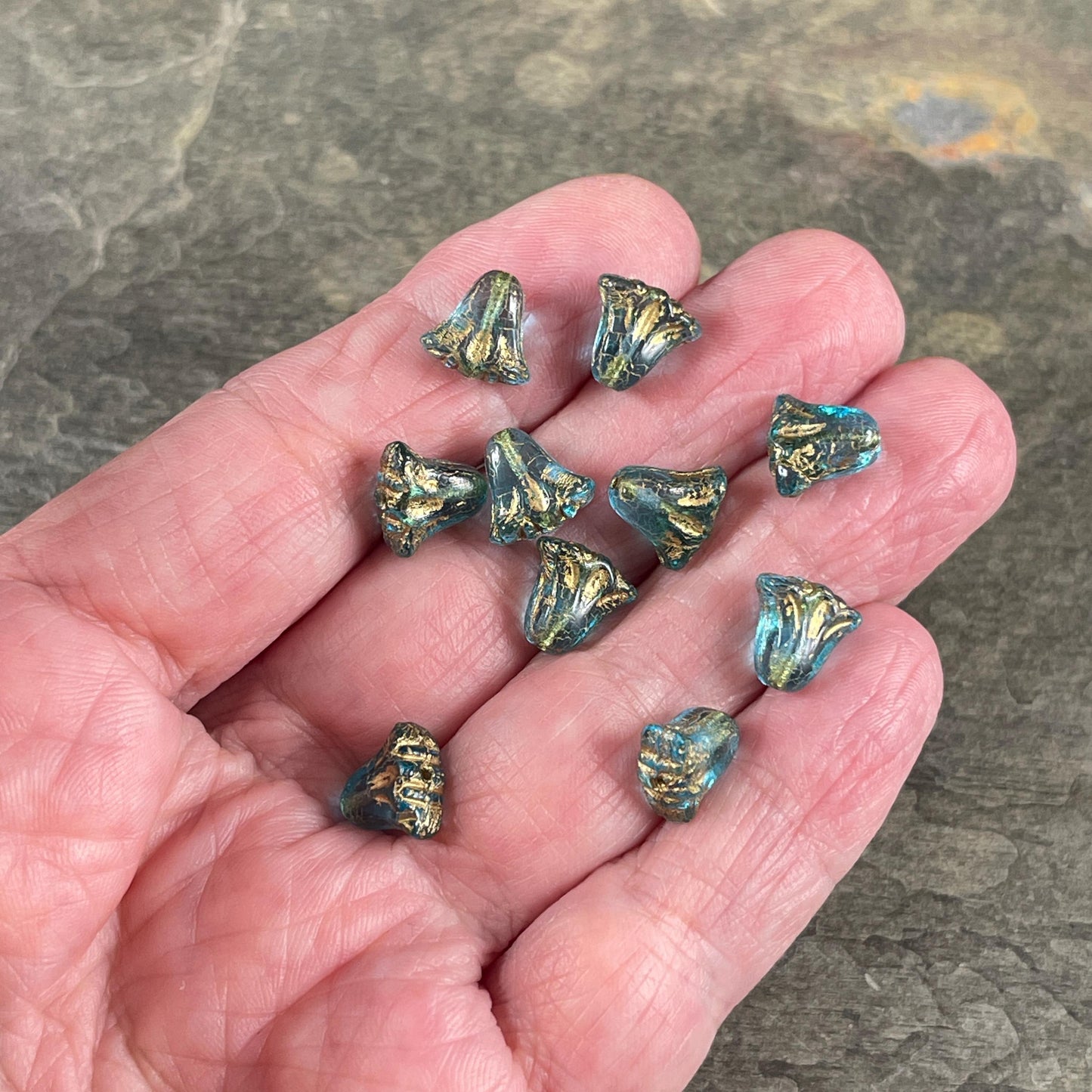 Czech Glass Beads, 10mm Lily Flower, Transparent Aqua with Gold Wash (Lily/RJ-5490) * Qty. 15