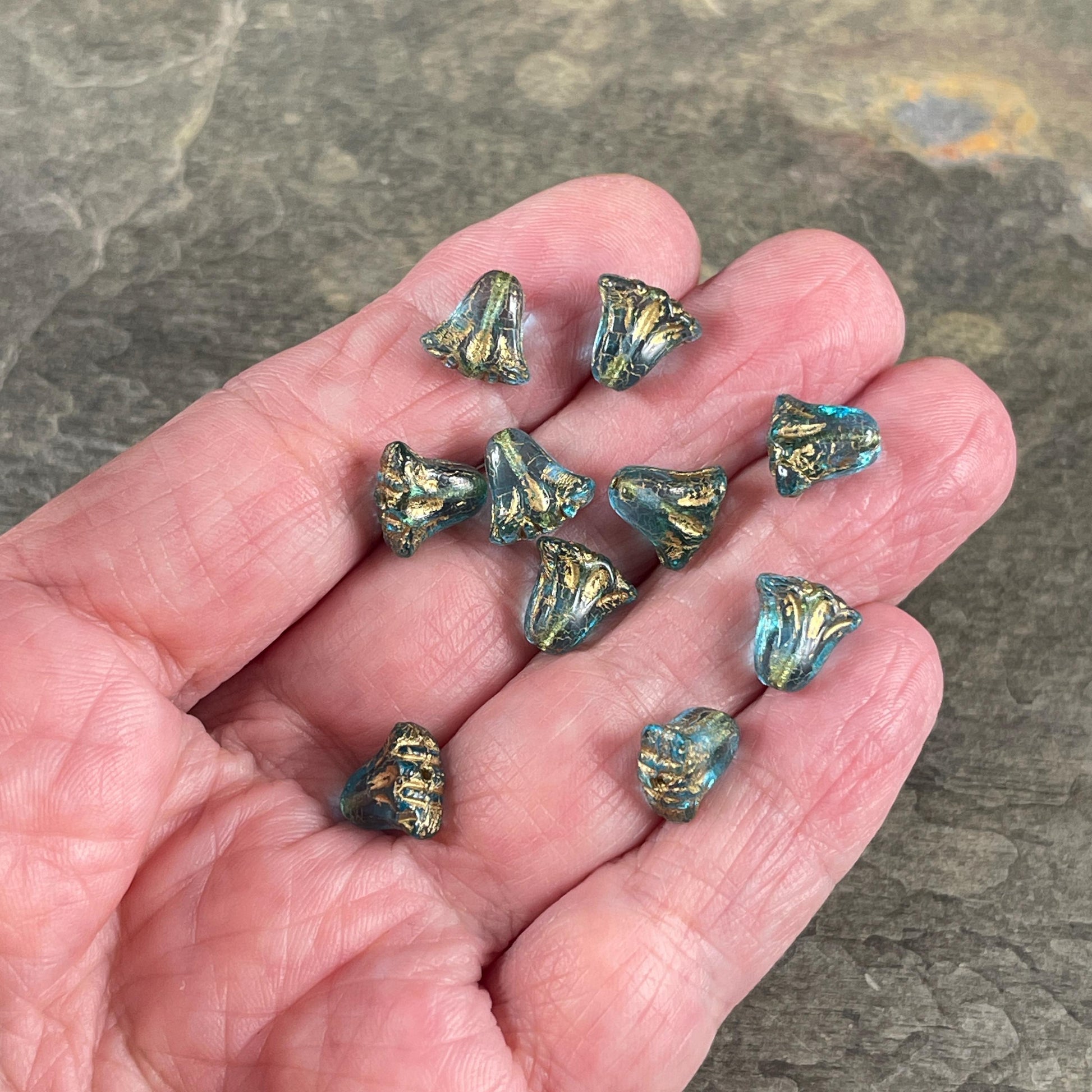 Czech Glass Beads, 10mm Lily Flower, Transparent Aqua with Gold Wash (Lily/RJ-5490) * Qty. 15
