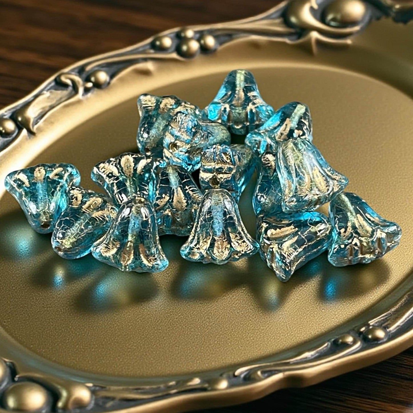 Czech Glass Beads, 10mm Lily Flower, Transparent Aqua with Gold Wash (Lily/RJ-5490) * Qty. 15