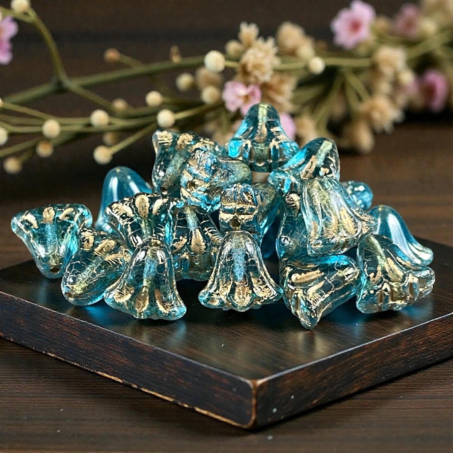 Czech Glass Beads, 10mm Lily Flower, Transparent Aqua with Gold Wash (Lily/RJ-5490) * Qty. 15