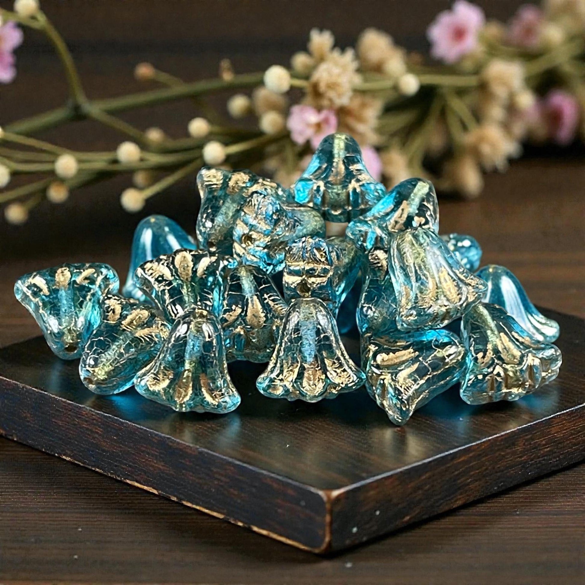 Czech Glass Beads, 10mm Lily Flower, Transparent Aqua with Gold Wash (Lily/RJ-5490) * Qty. 15
