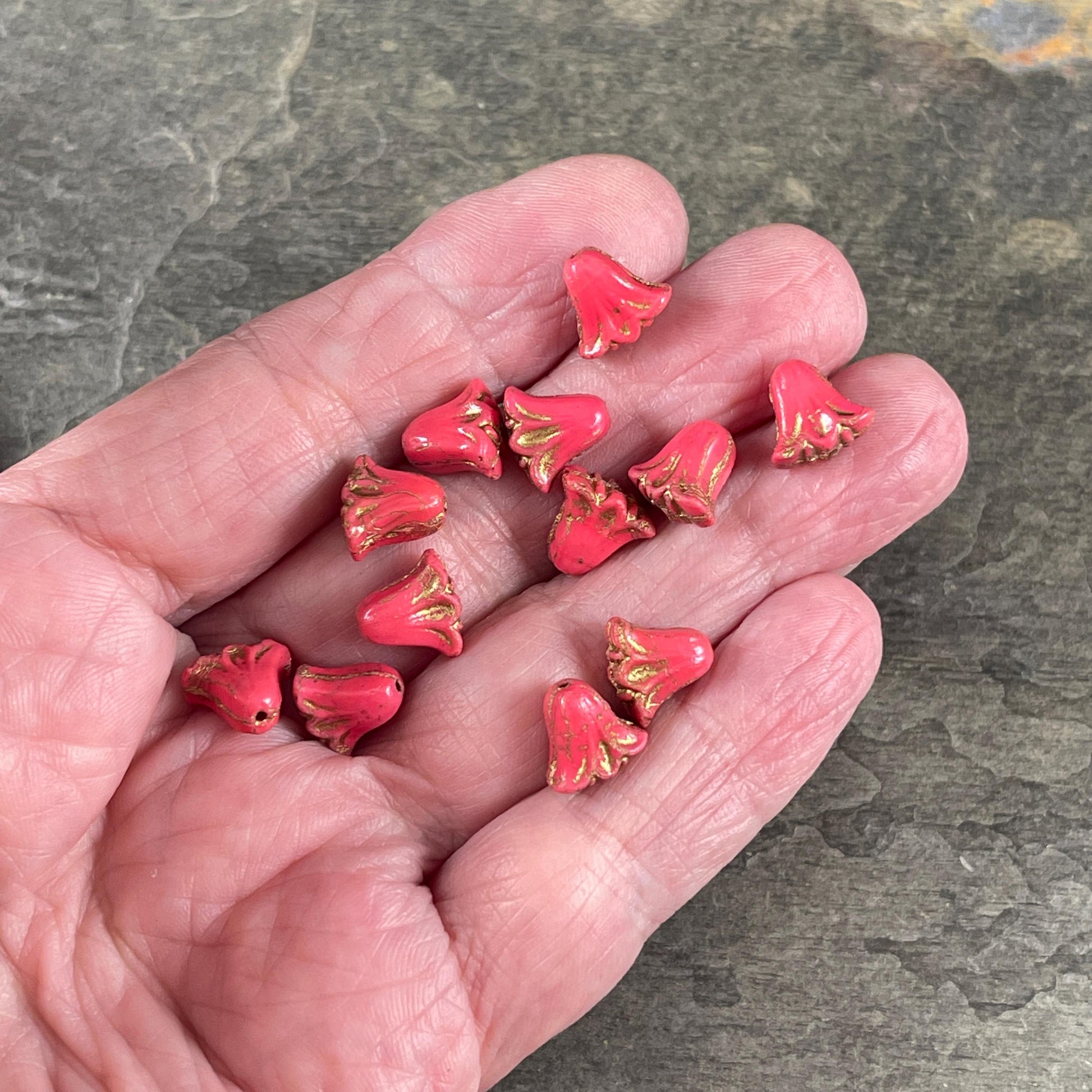 Czech Beads, 10mm Lily Flower, Coral Red with Gold Wash (Lily/RJ-5493) * Qty. 15