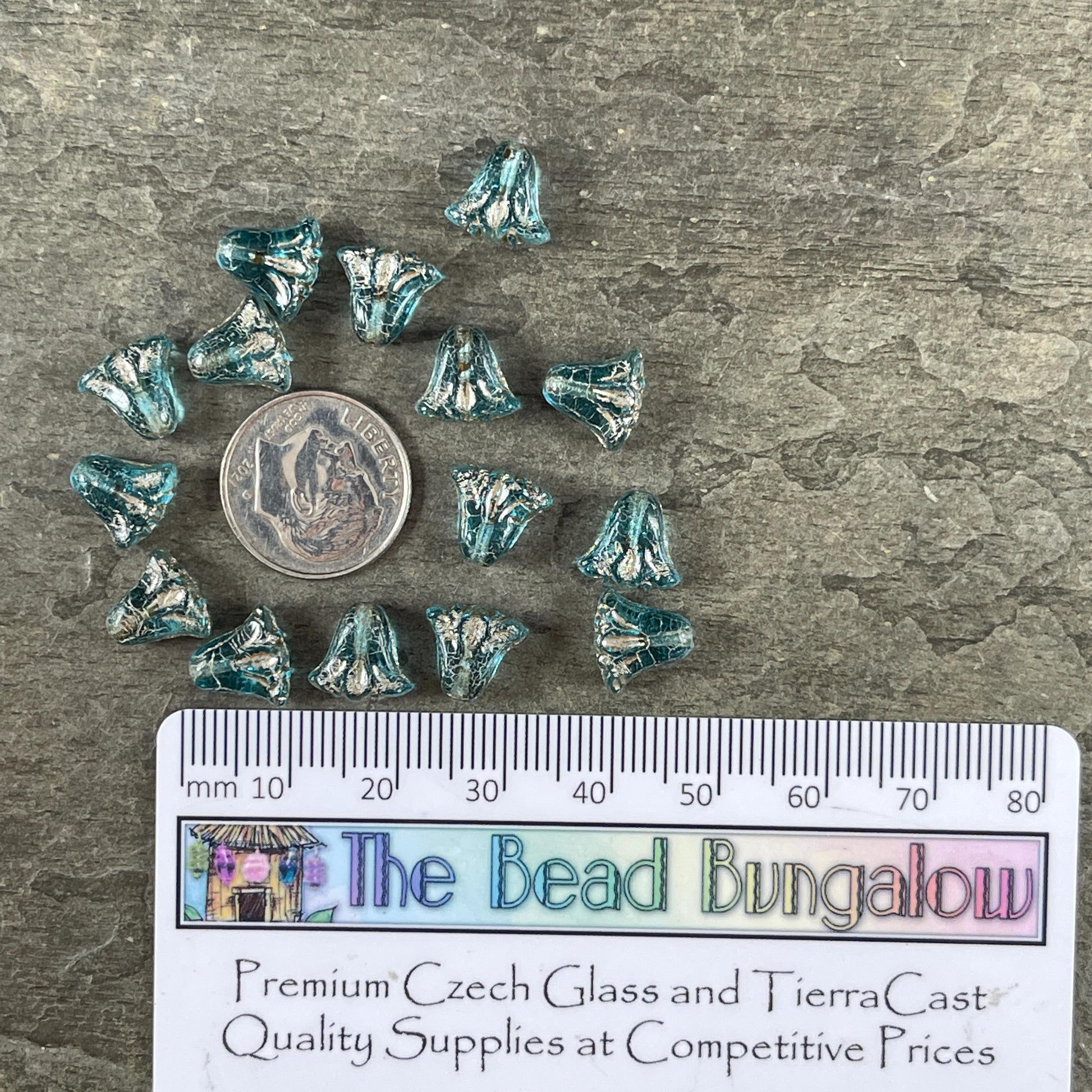 Czech Beads - 10mm Lily Flower, Transparent Aqua with Platinum Wash (Lily/RJ-5502) * Qty. 15