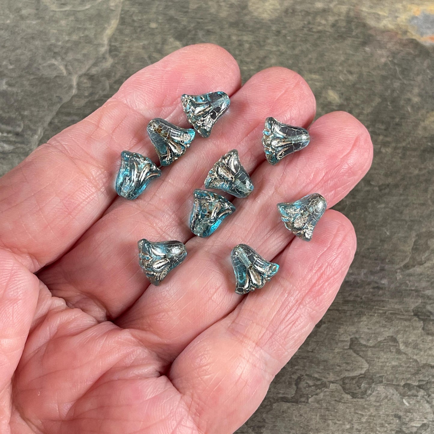 Czech Beads - 10mm Lily Flower, Transparent Aqua with Platinum Wash (Lily/RJ-5502) * Qty. 15