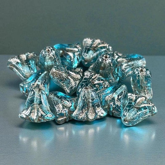 Czech Beads - 10mm Lily Flower, Transparent Aqua with Platinum Wash (Lily/RJ-5502) * Qty. 15