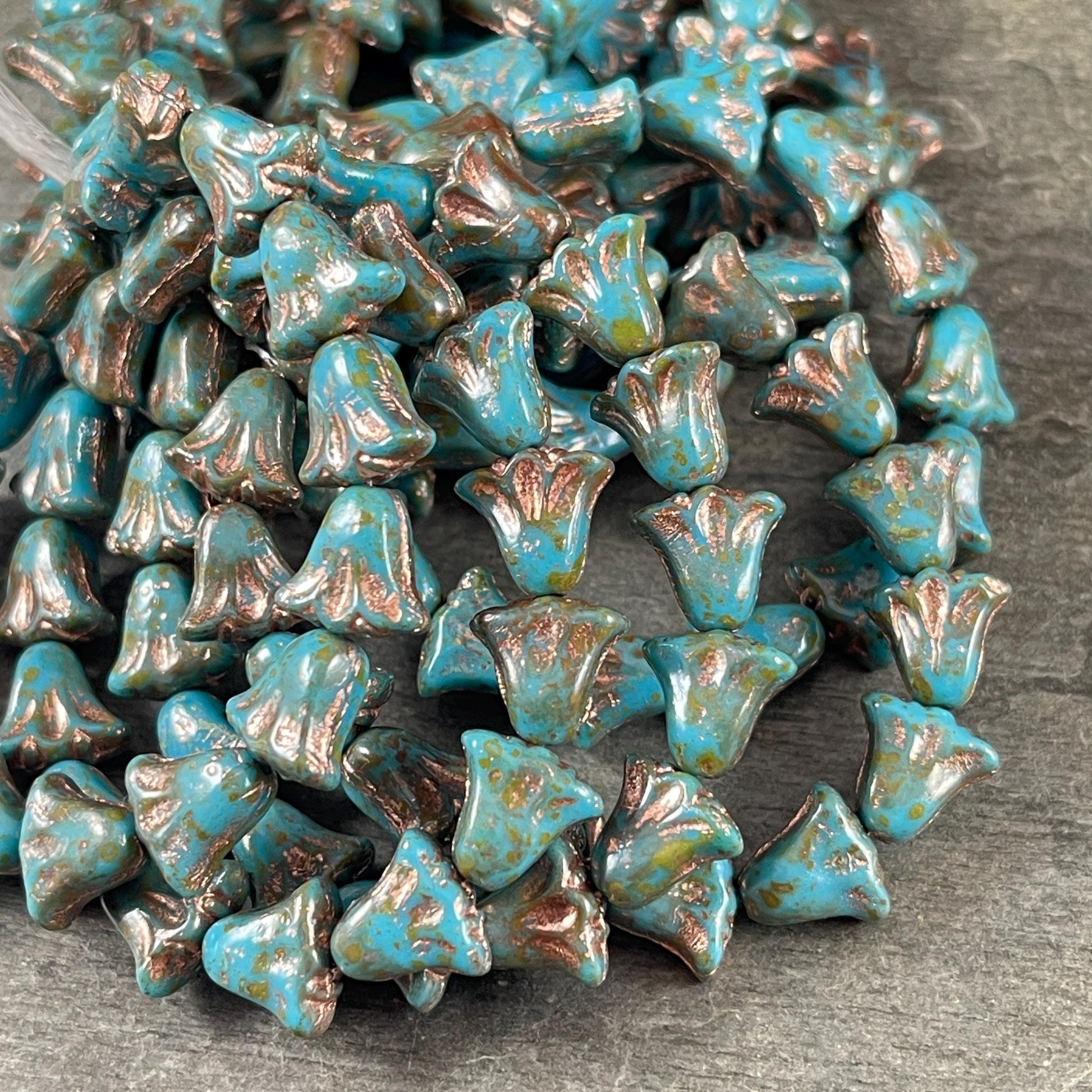 Czech Beads, 10mm Lily Flower, Sky Blue with Copper Wash (Lily/RJ-5496) * Qty. 15