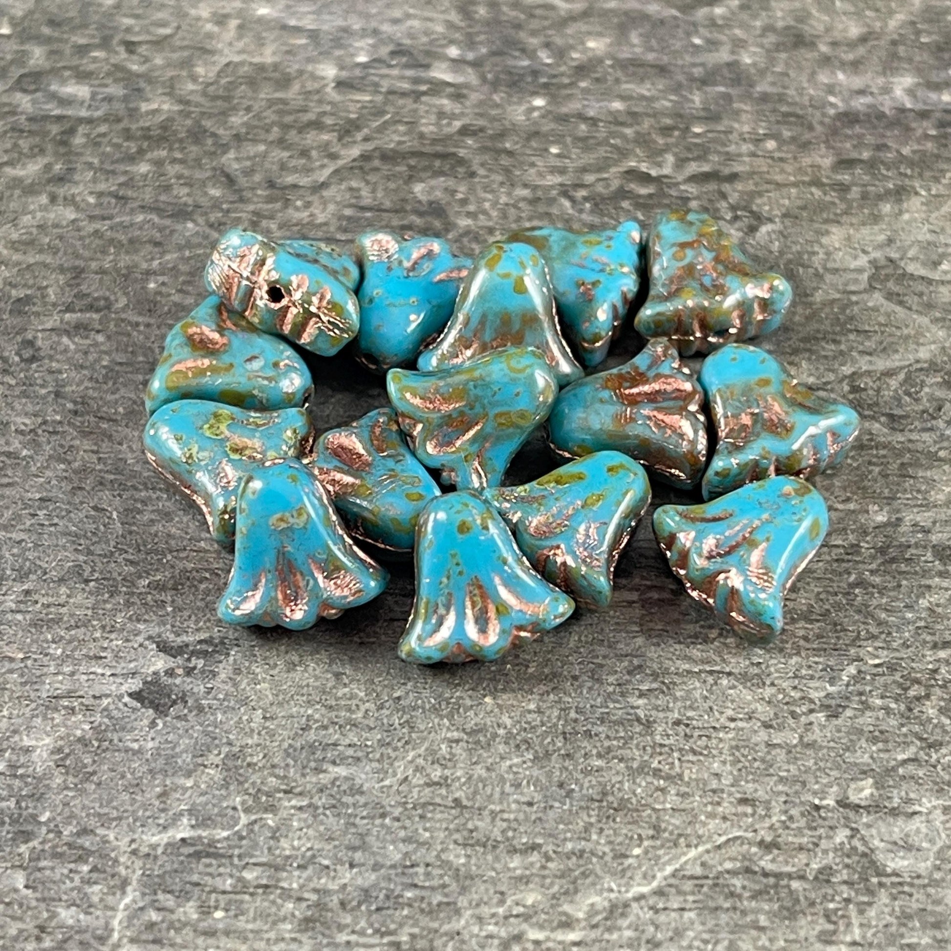 Czech Beads, 10mm Lily Flower, Sky Blue with Copper Wash (Lily/RJ-5496) * Qty. 15