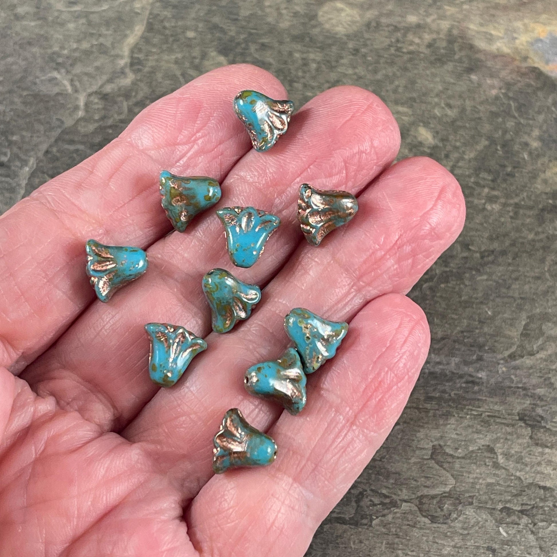 Czech Beads, 10mm Lily Flower, Sky Blue with Copper Wash (Lily/RJ-5496) * Qty. 15