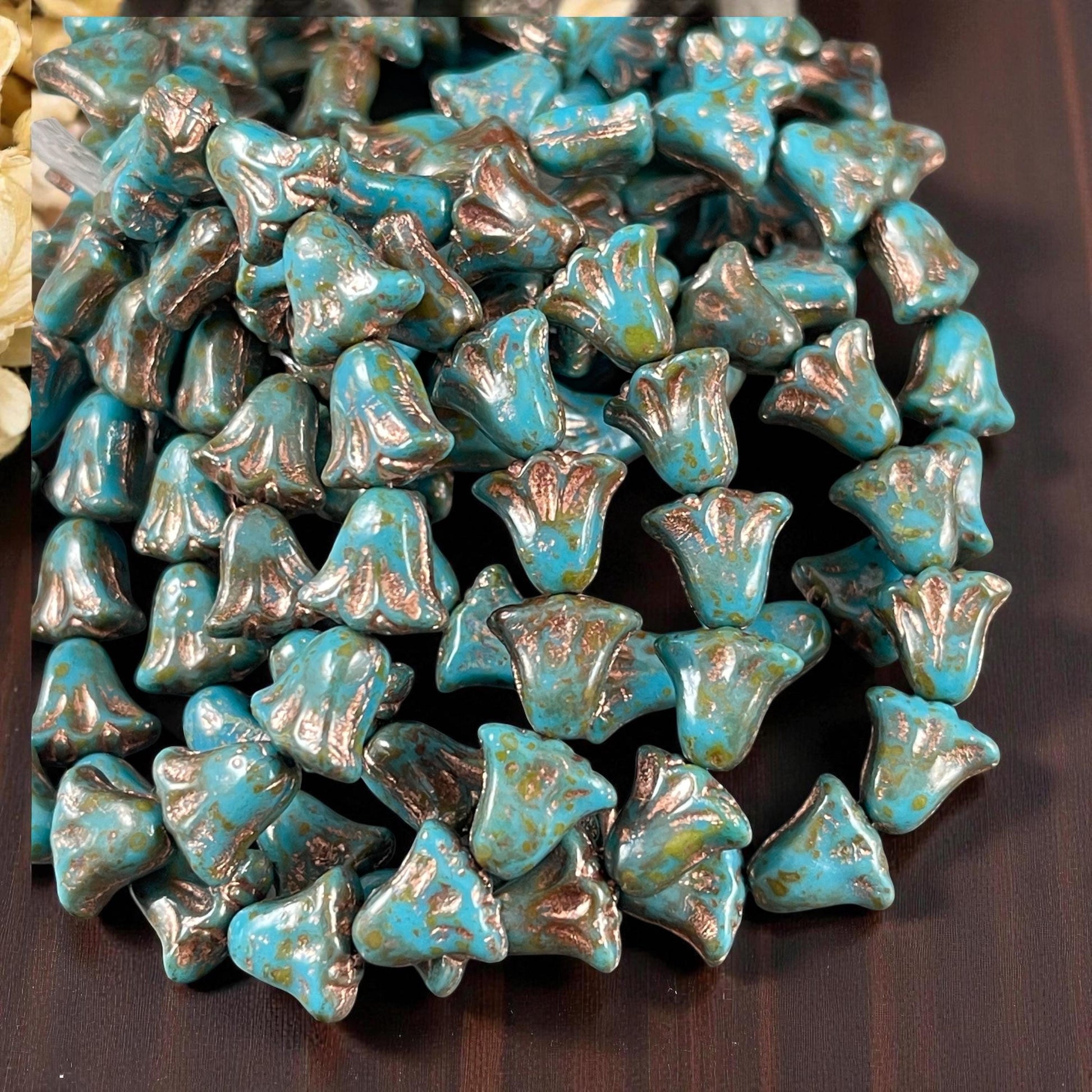 Czech Beads, 10mm Lily Flower, Sky Blue with Copper Wash (Lily/RJ-5496) * Qty. 15