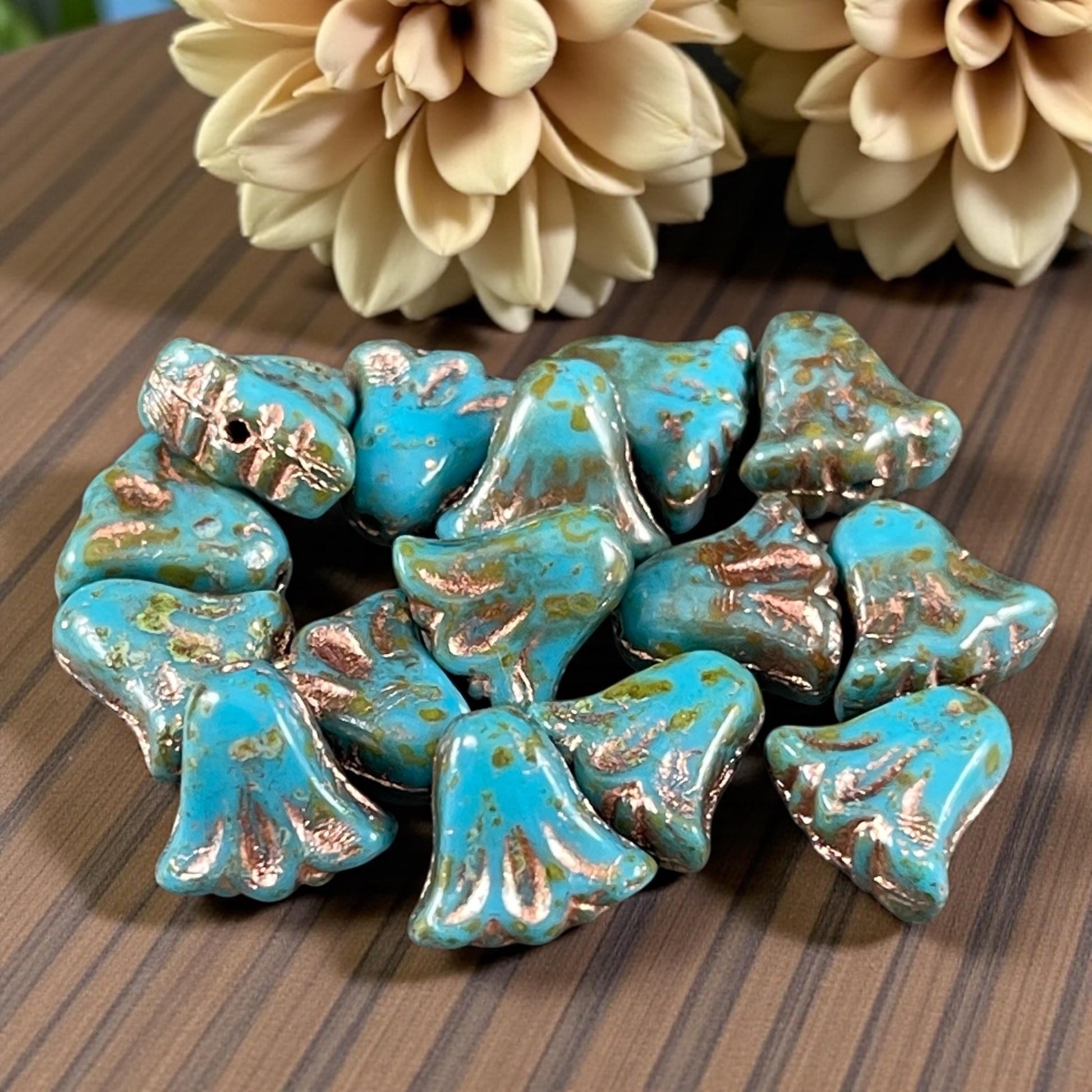 Czech Beads, 10mm Lily Flower, Sky Blue with Copper Wash (Lily/RJ-5496) * Qty. 15