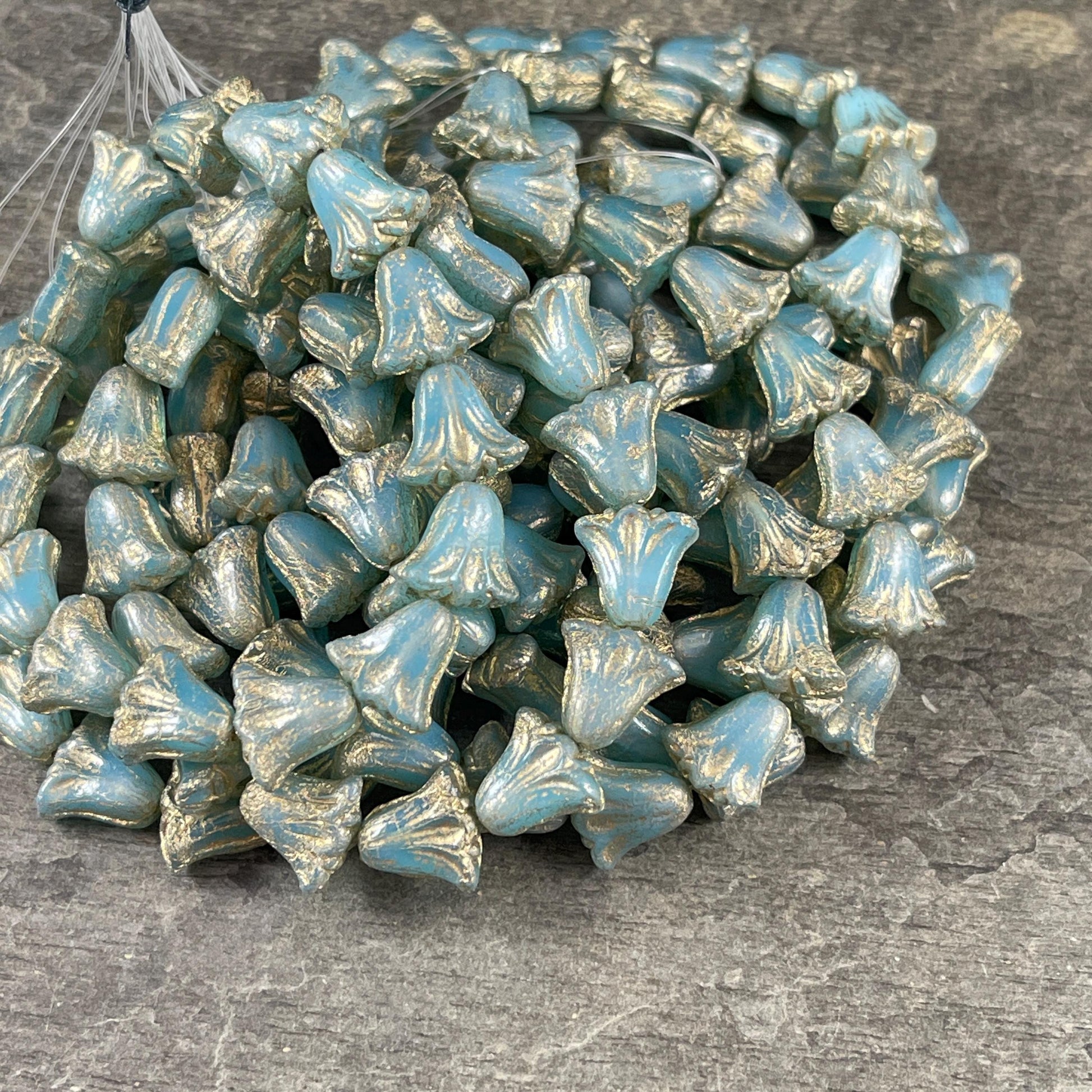 Czech Beads, 10mm Lily Flower, Aqua Blue Opaline with Gold Wash (Lily/RJ-5492) * Qty. 15