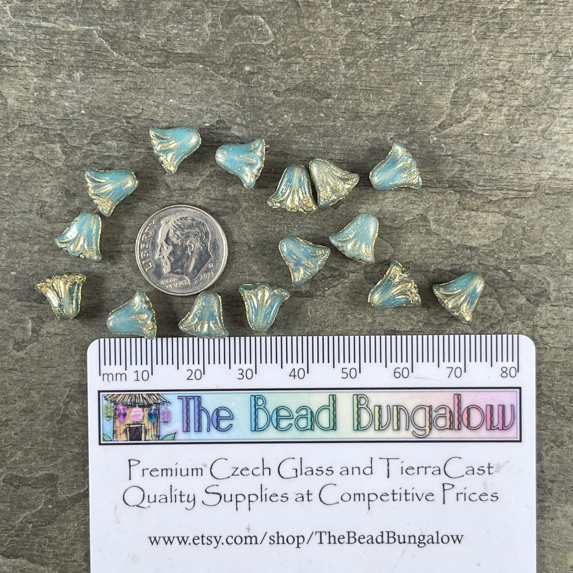 Czech Beads, 10mm Lily Flower, Aqua Blue Opaline with Gold Wash (Lily/RJ-5492) * Qty. 15
