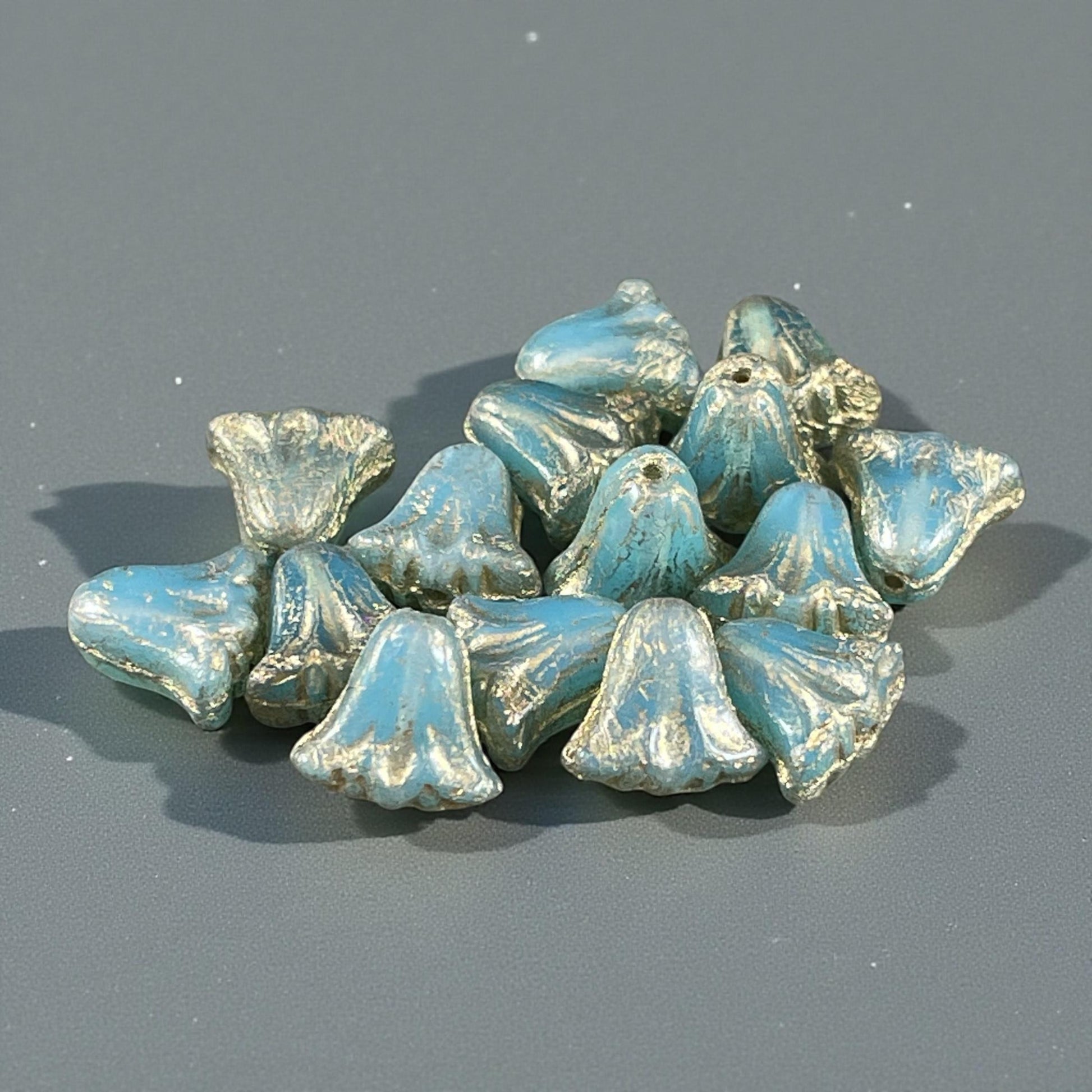 Czech Beads, 10mm Lily Flower, Aqua Blue Opaline with Gold Wash (Lily/RJ-5492) * Qty. 15