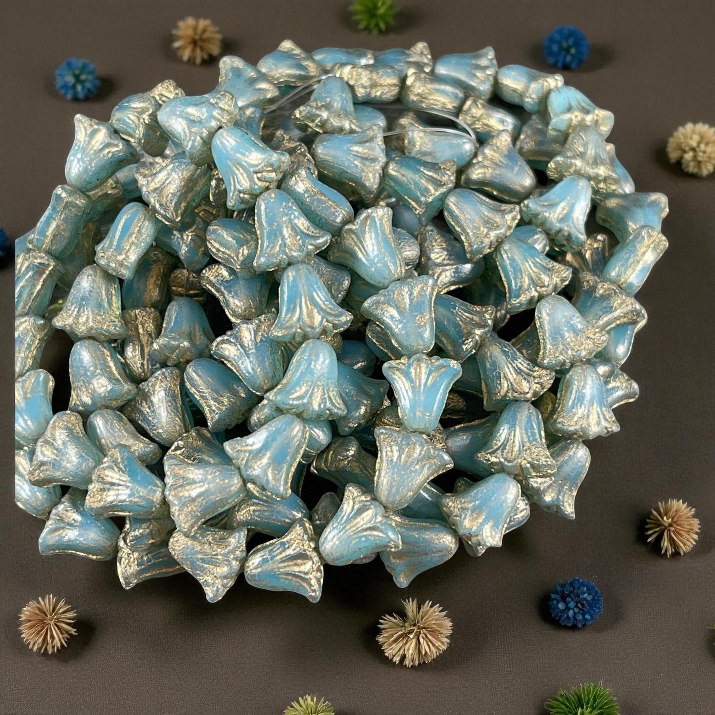 Czech Beads, 10mm Lily Flower, Aqua Blue Opaline with Gold Wash (Lily/RJ-5492) * Qty. 15