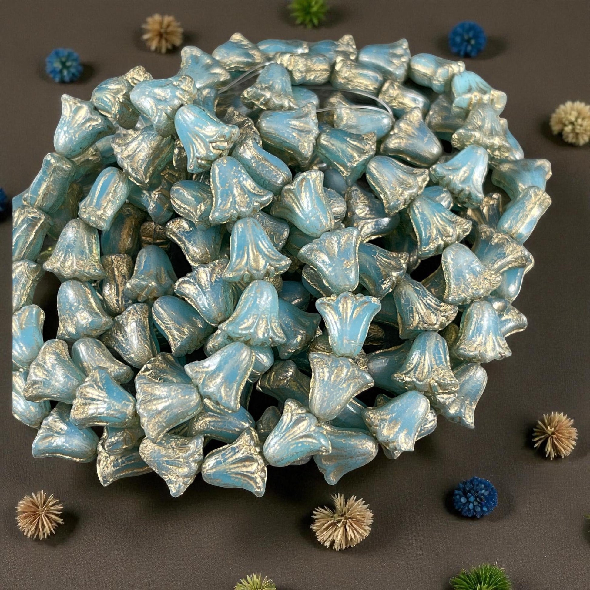 Czech Beads, 10mm Lily Flower, Aqua Blue Opaline with Gold Wash (Lily/RJ-5492) * Qty. 15