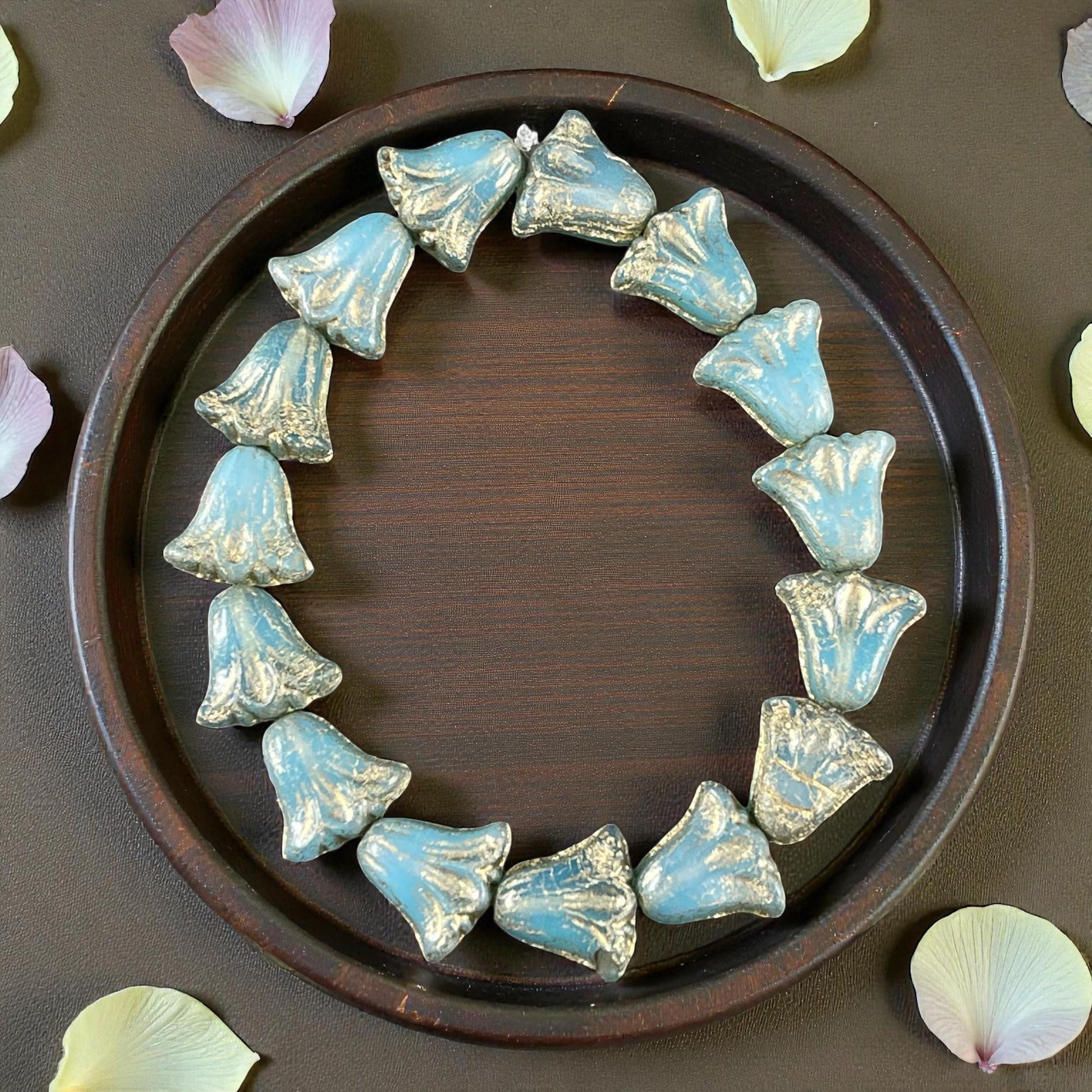 Czech Beads, 10mm Lily Flower, Aqua Blue Opaline with Gold Wash (Lily/RJ-5492) * Qty. 15