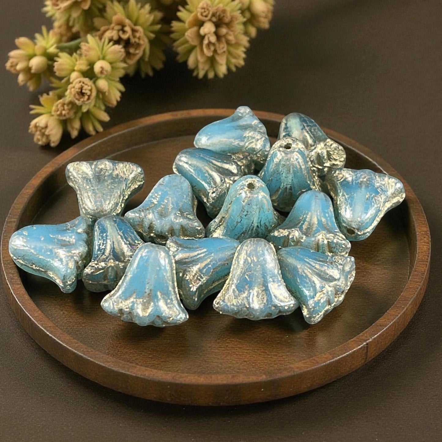 Czech Beads, 10mm Lily Flower, Aqua Blue Opaline with Gold Wash (Lily/RJ-5492) * Qty. 15