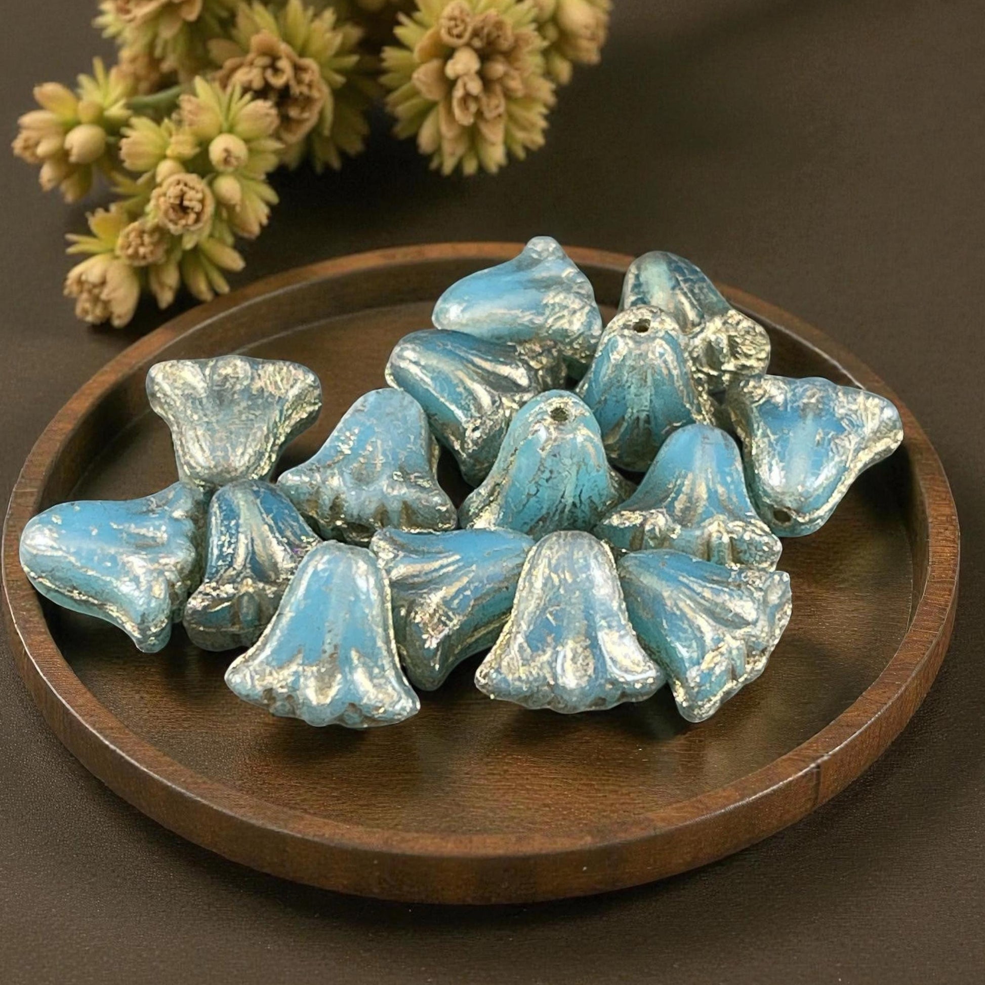 Czech Beads, 10mm Lily Flower, Aqua Blue Opaline with Gold Wash (Lily/RJ-5492) * Qty. 15