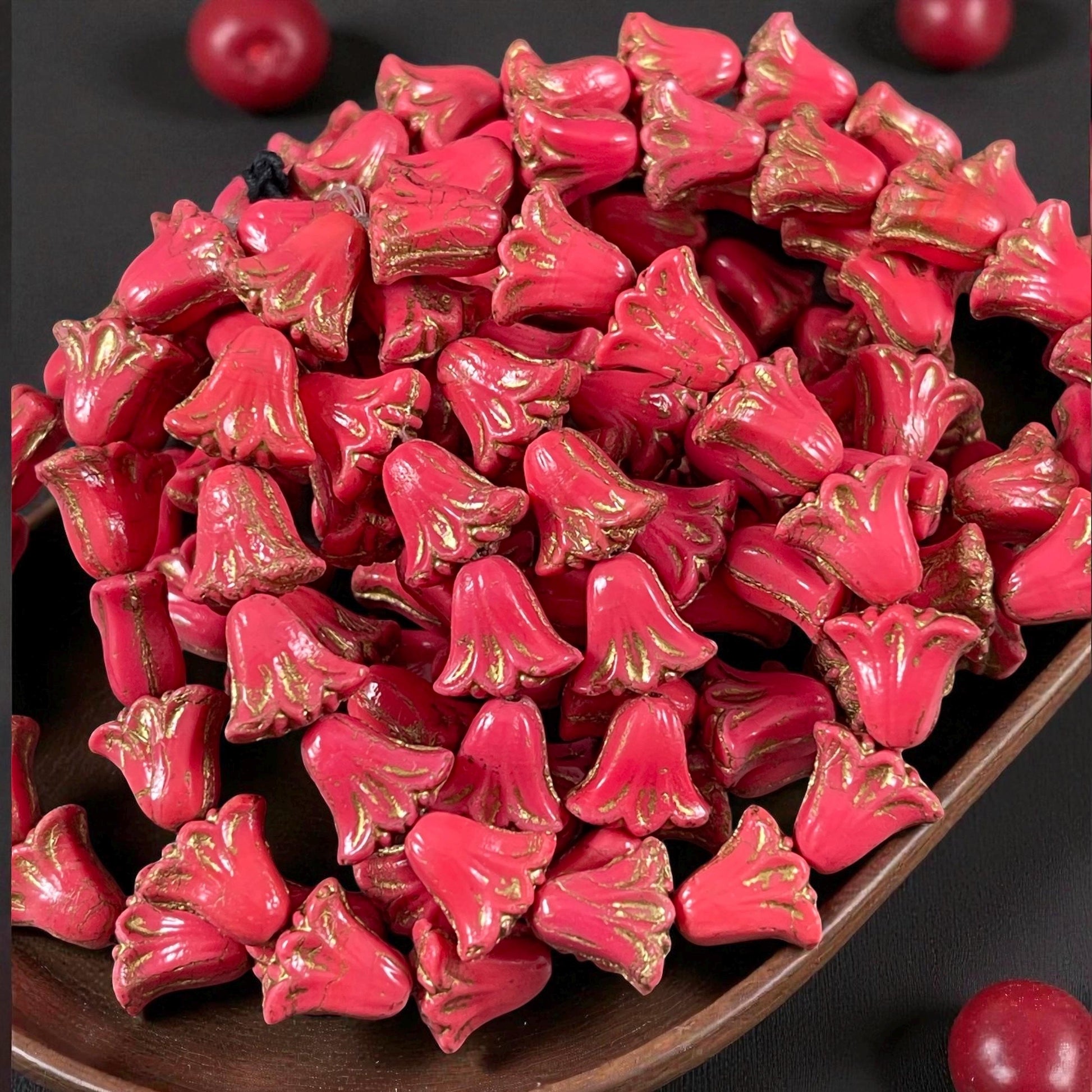 Czech Beads, 10mm Lily Flower, Coral Red with Gold Wash (Lily/RJ-5493) * Qty. 15