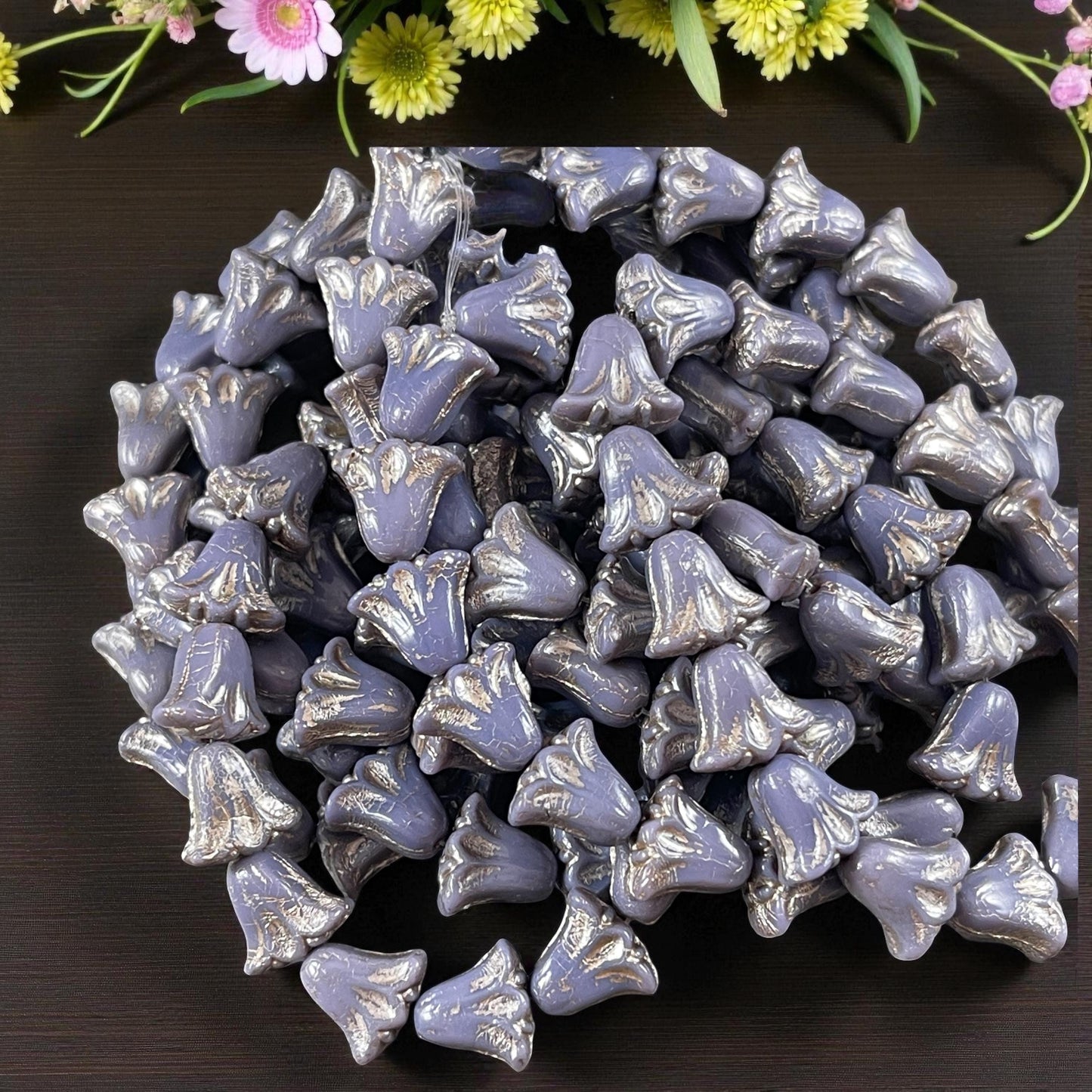 Czech Beads, 10mm Lily Flower, Lavender with Platinum Wash (Lily/RJ-5504) * Qty. 15