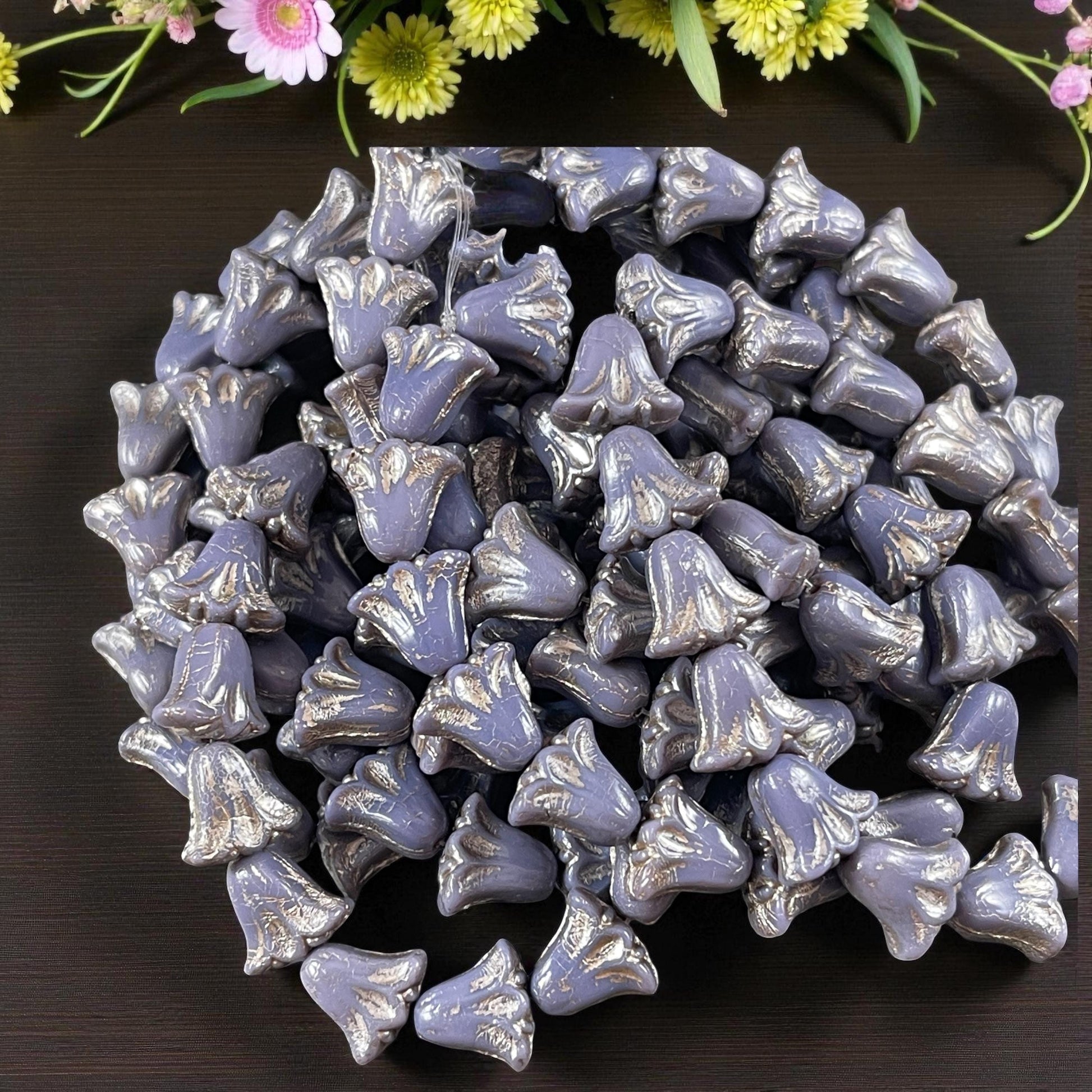Czech Beads, 10mm Lily Flower, Lavender with Platinum Wash (Lily/RJ-5504) * Qty. 15