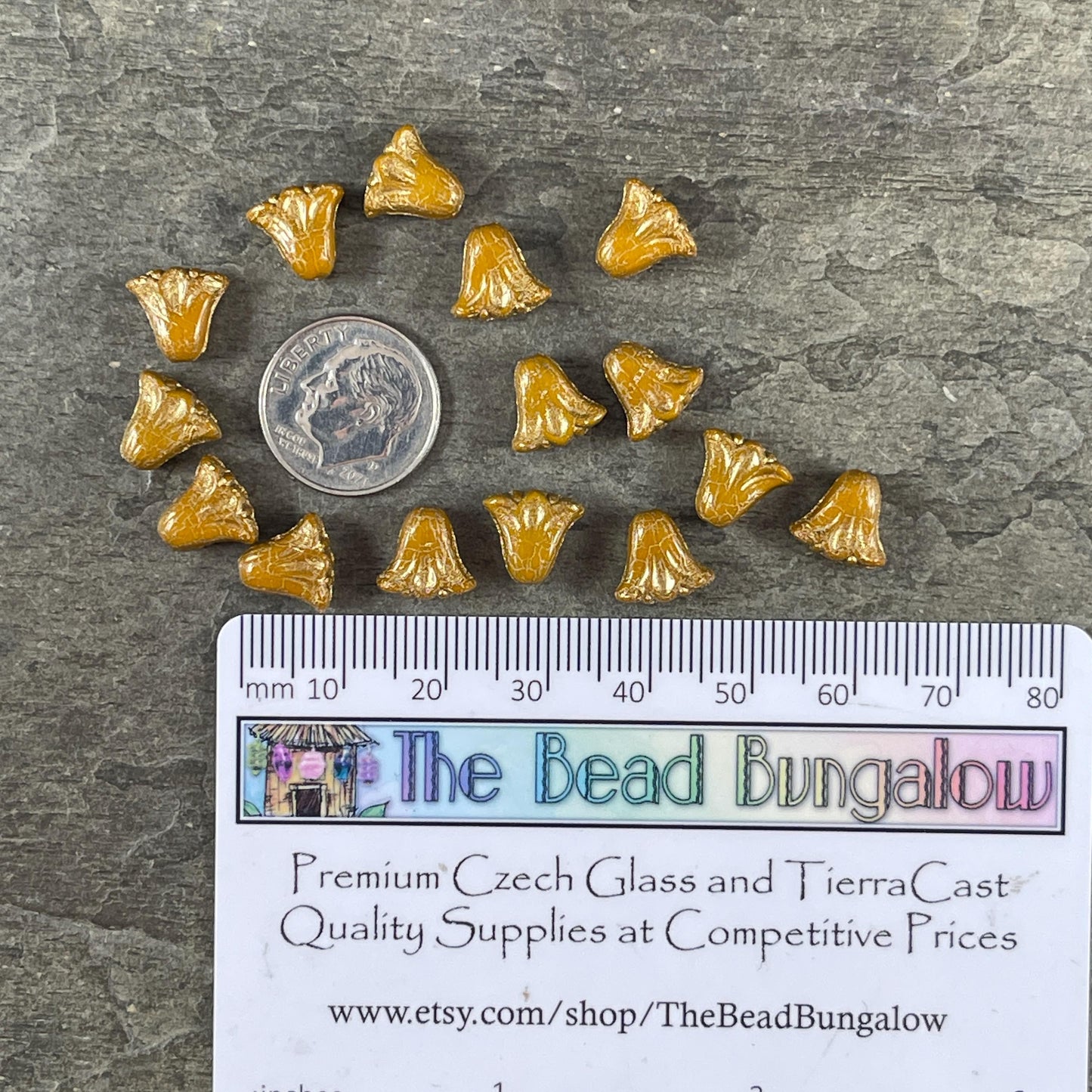 Czech Beads, 10mm Lily Flower, Dijon Mustard with Gold Wash (Lily/RJ-5495) * Qty. 15