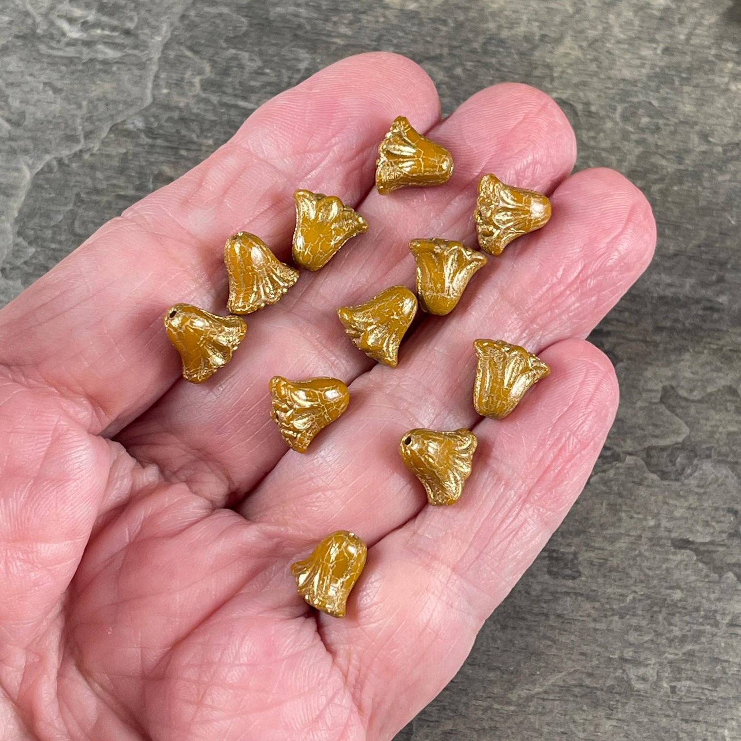 Czech Beads, 10mm Lily Flower, Dijon Mustard with Gold Wash (Lily/RJ-5495) * Qty. 15