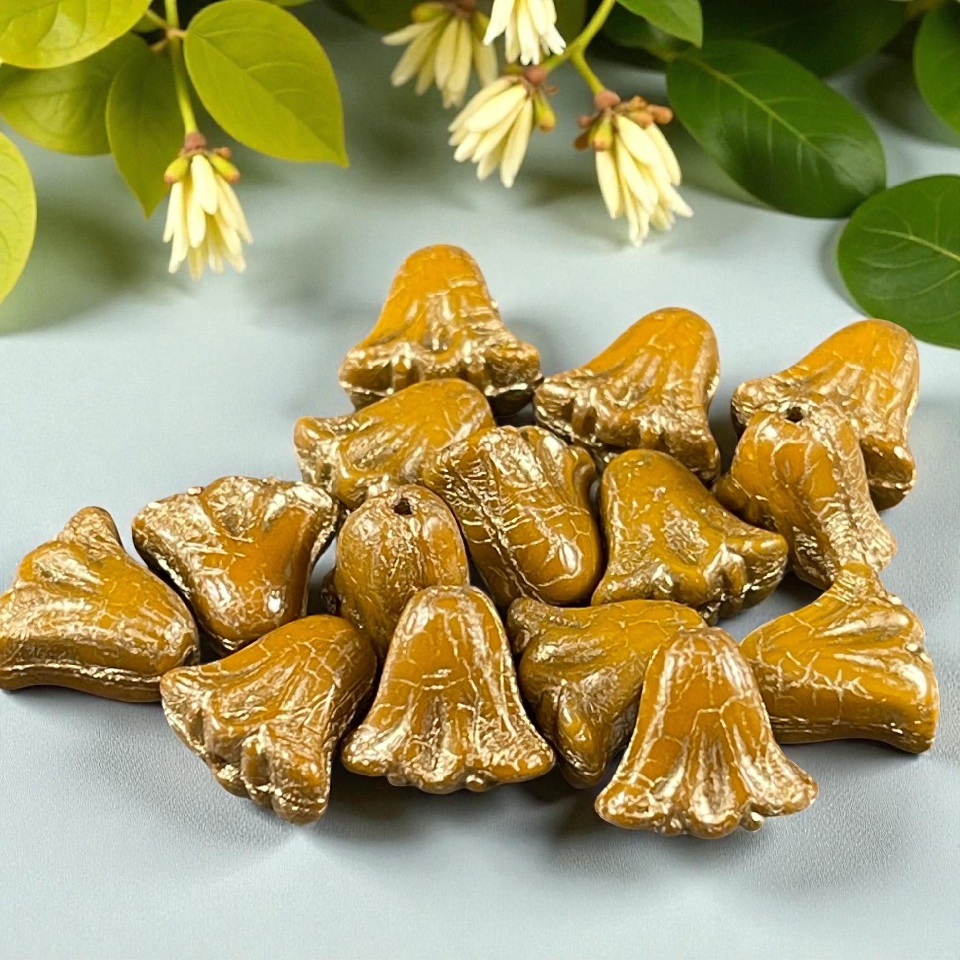 Czech Beads, 10mm Lily Flower, Dijon Mustard with Gold Wash (Lily/RJ-5495) * Qty. 15